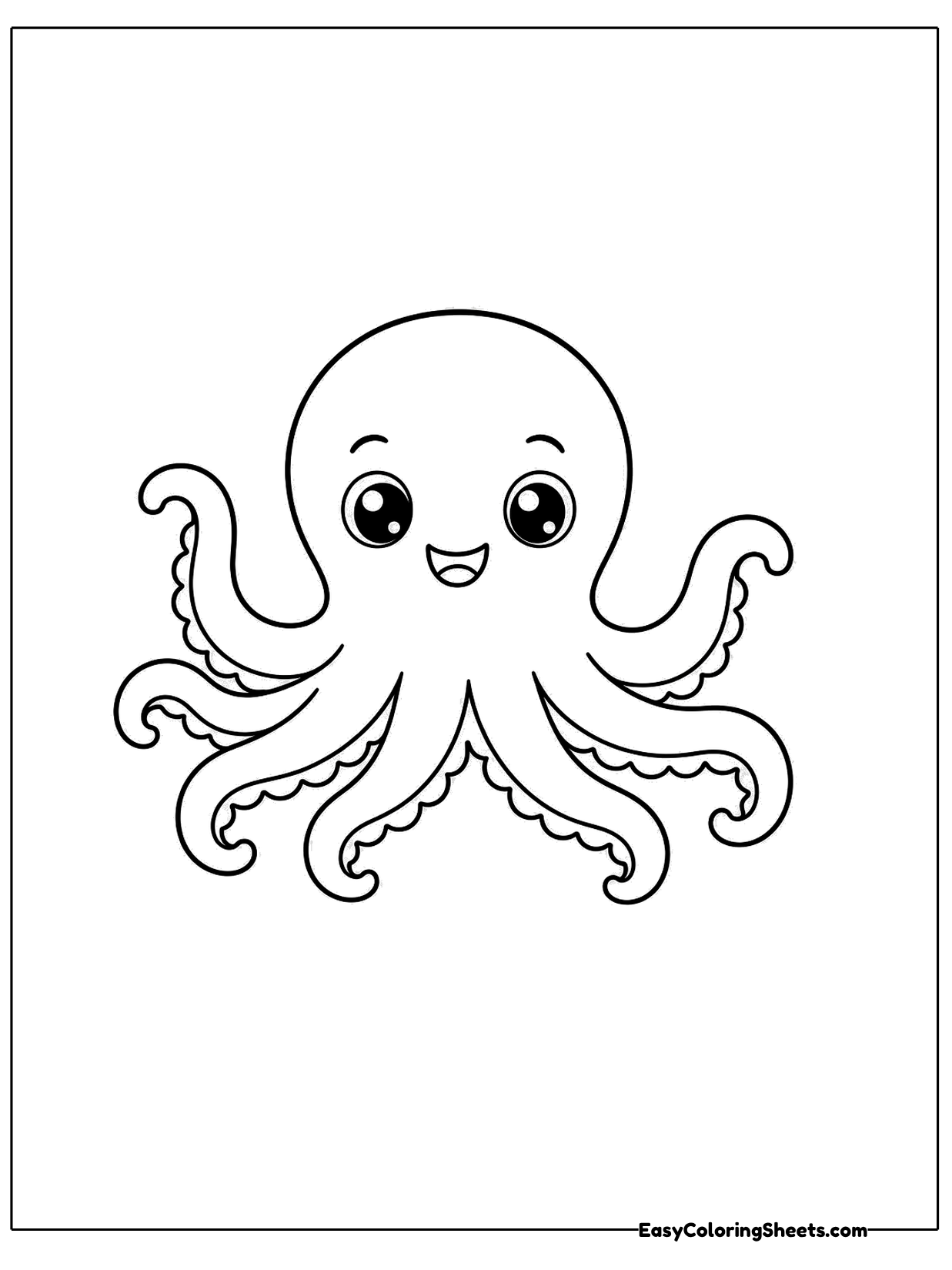 A smiling octopus has curly tentacles that bend up at the ends like ribbons.