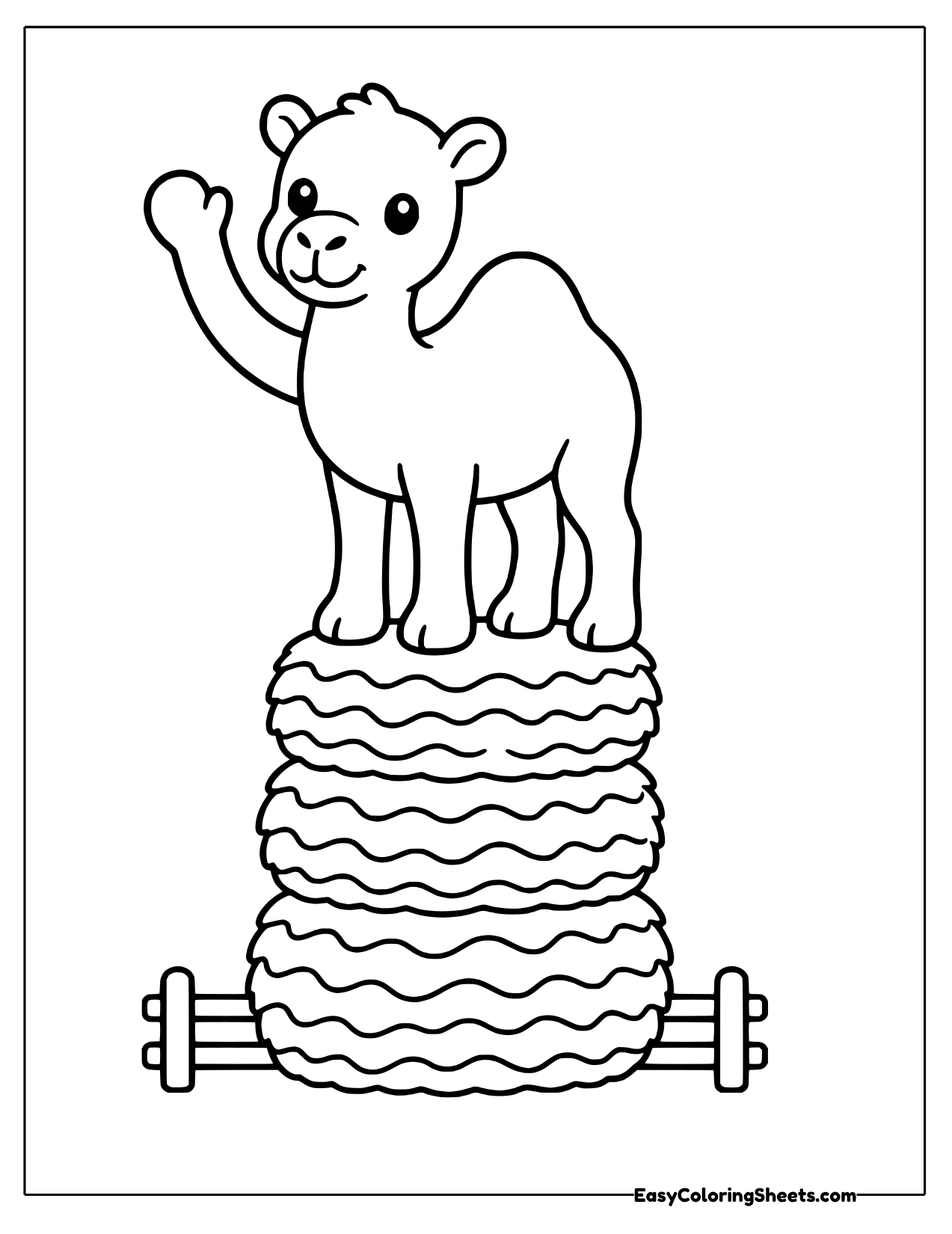 Camel standing on a stack of hay bales