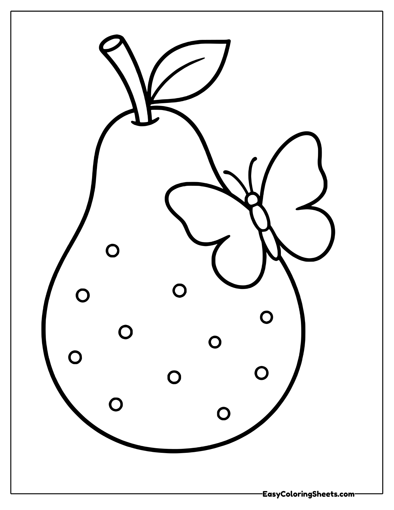 A big round pear with a curved stem and a single leaf has a friendly butterfly resting on its side.