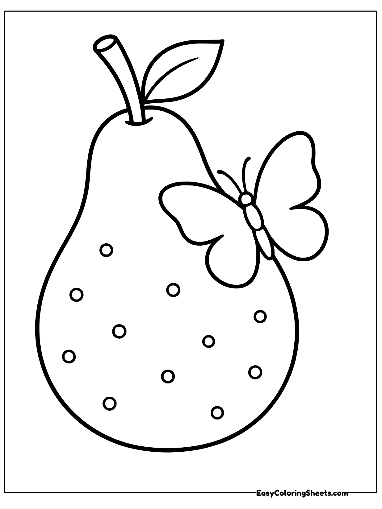 A big round pear with a curved stem and a single leaf has a friendly butterfly resting on its side.