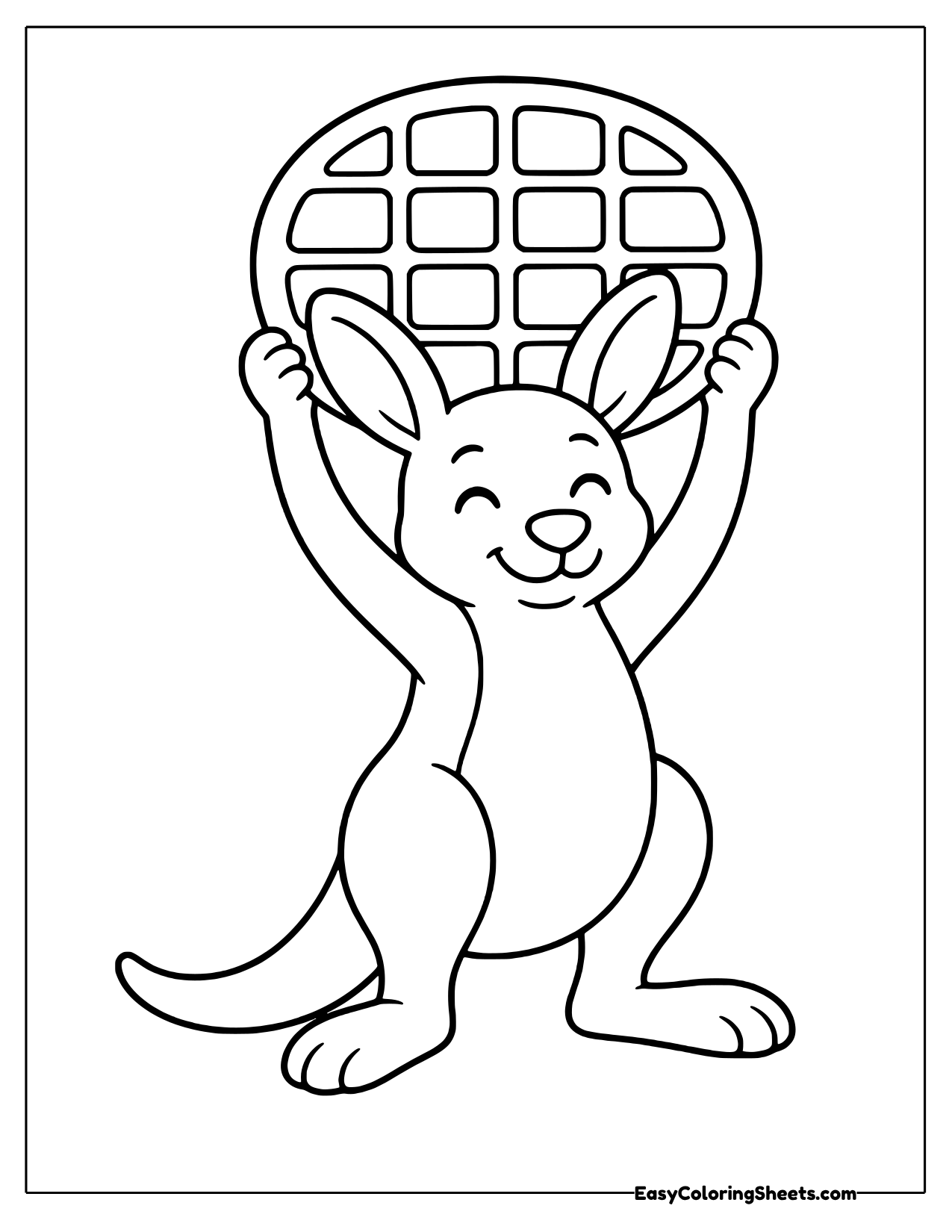 Joyful kangaroo lifting a big round grid waffle overhead