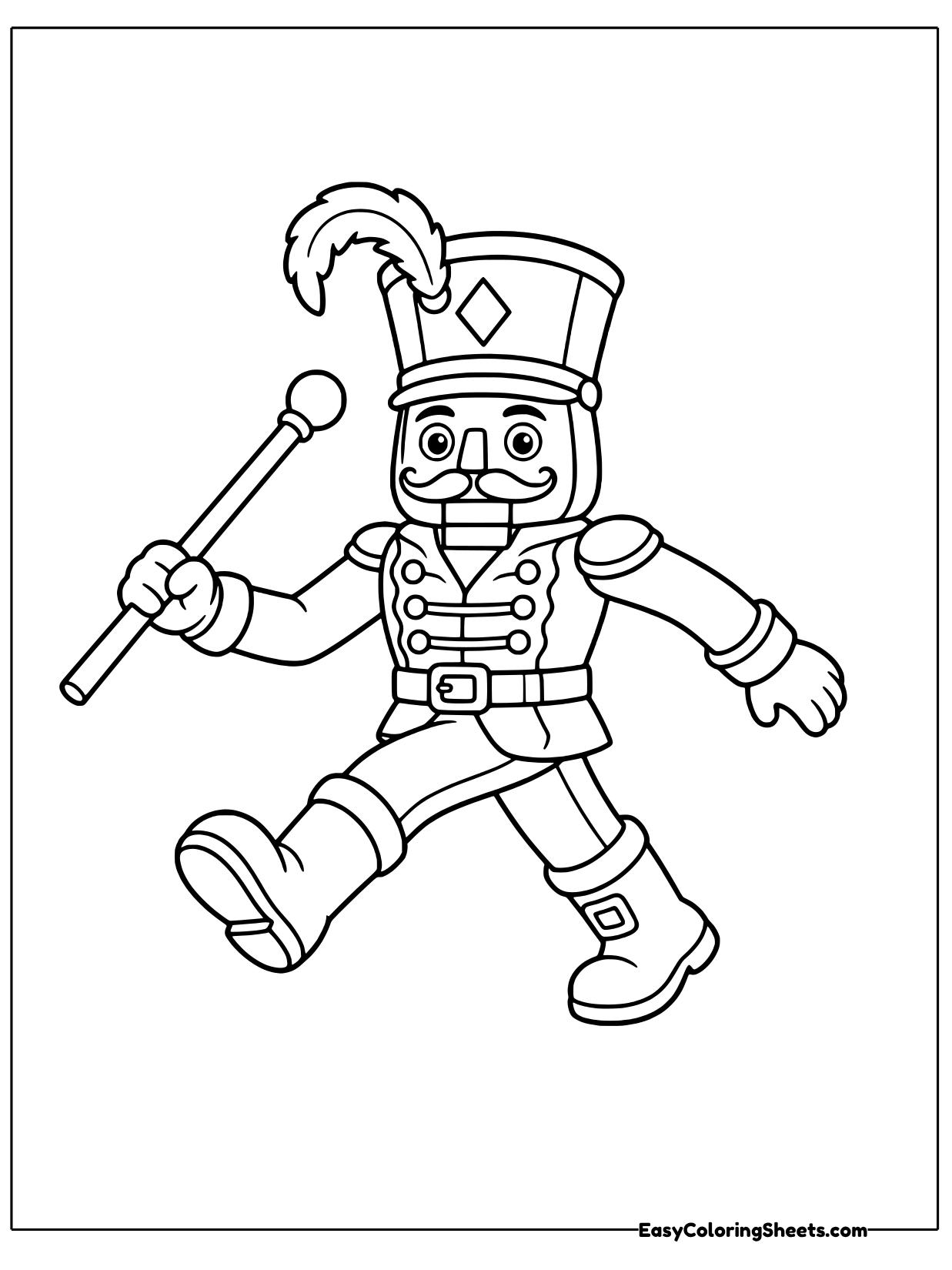 Leading a holiday parade, this nutcracker marches forward with a baton held high.
