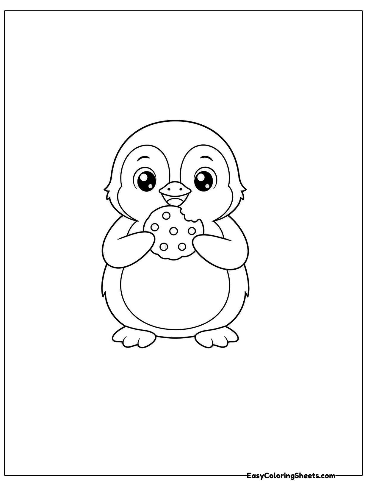 A round penguin holds a chocolate chip cookie in its flippers and nibbles happily.