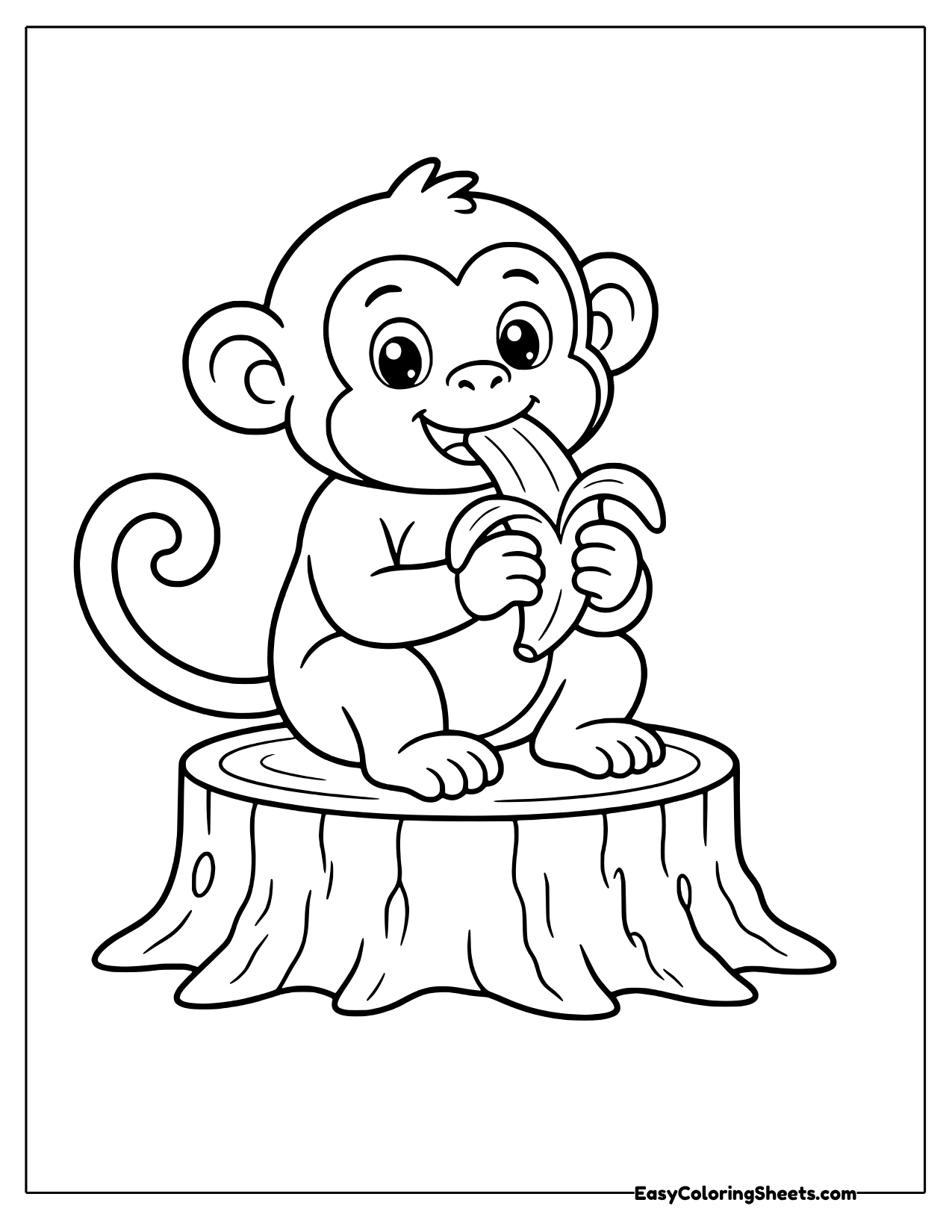 Monkey eating a banana on a tree stump
