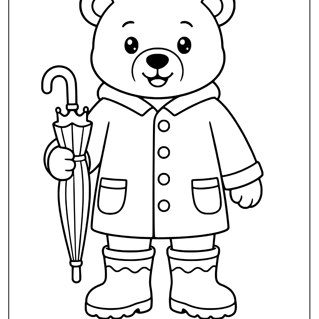 Bear in a buttoned raincoat and rain boots holding a closed umbrella