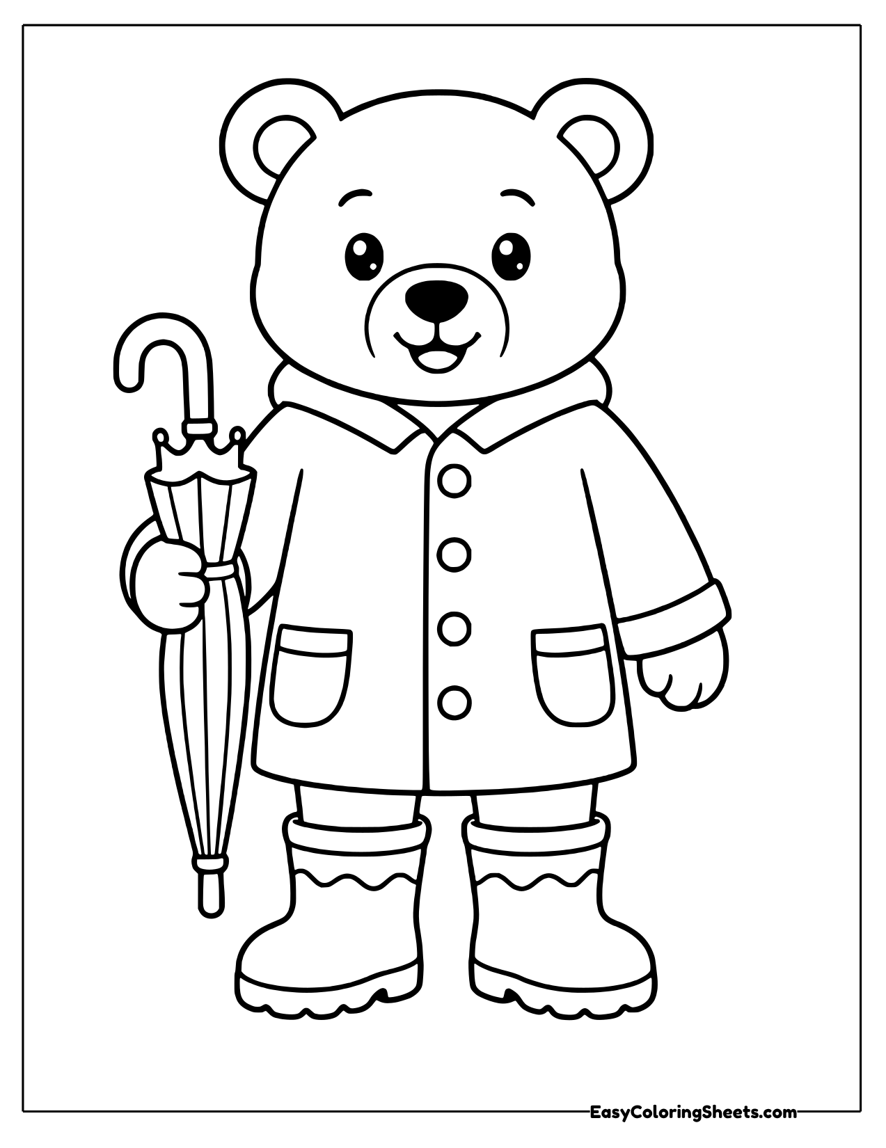 Bear in a buttoned raincoat and rain boots holding a closed umbrella