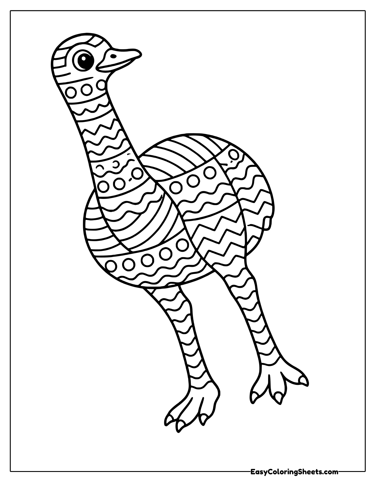 Striding ostrich covered in wide bands of zigzags, waves and dots