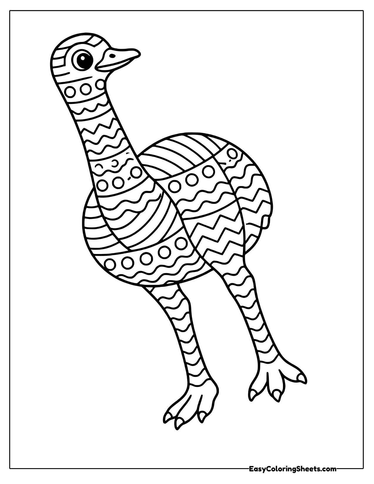 Striding ostrich covered in wide bands of zigzags, waves and dots