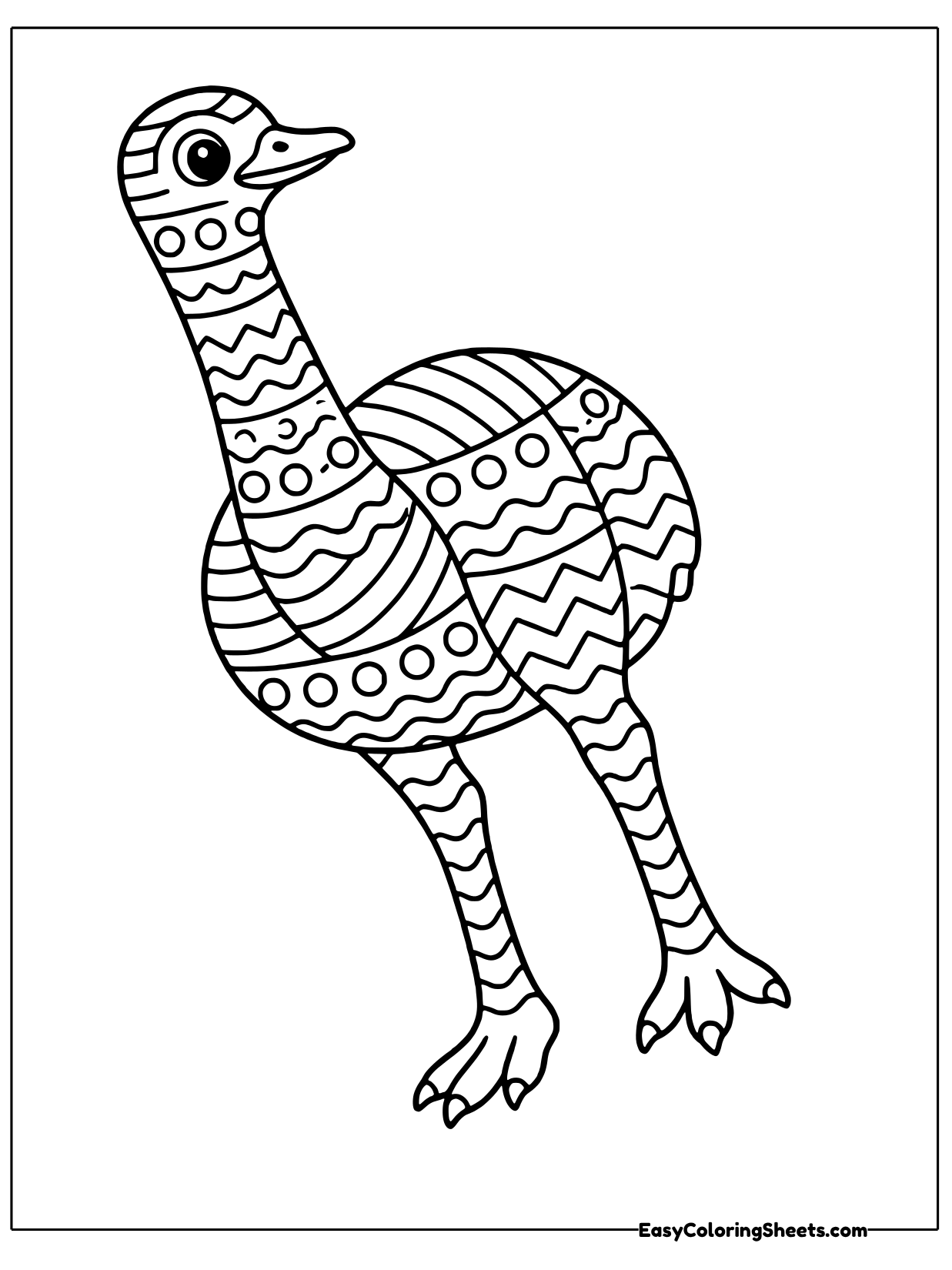 A tall ostrich strides forward on long legs, with its neck, round body, and legs covered in bands of zigzags, waves.