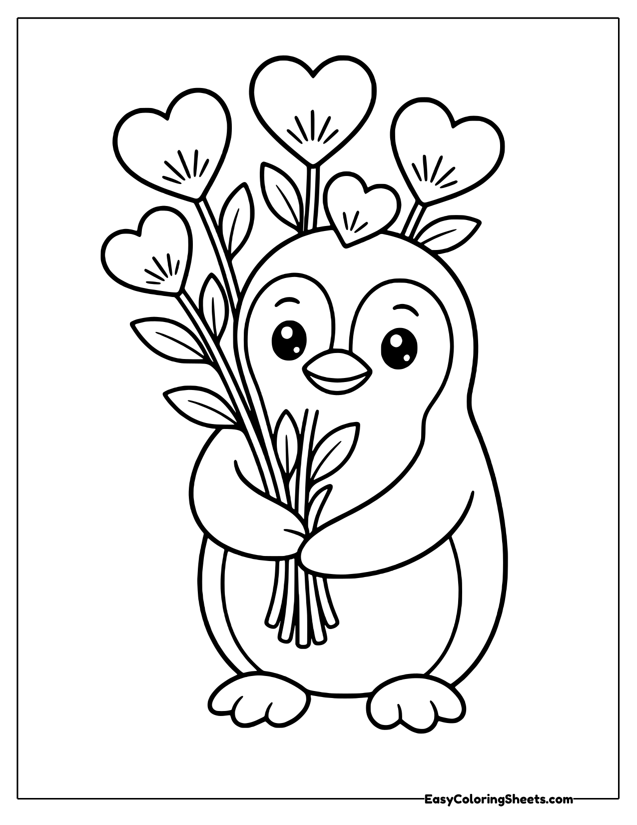 Smiling penguin hugging a bouquet of heart flowers