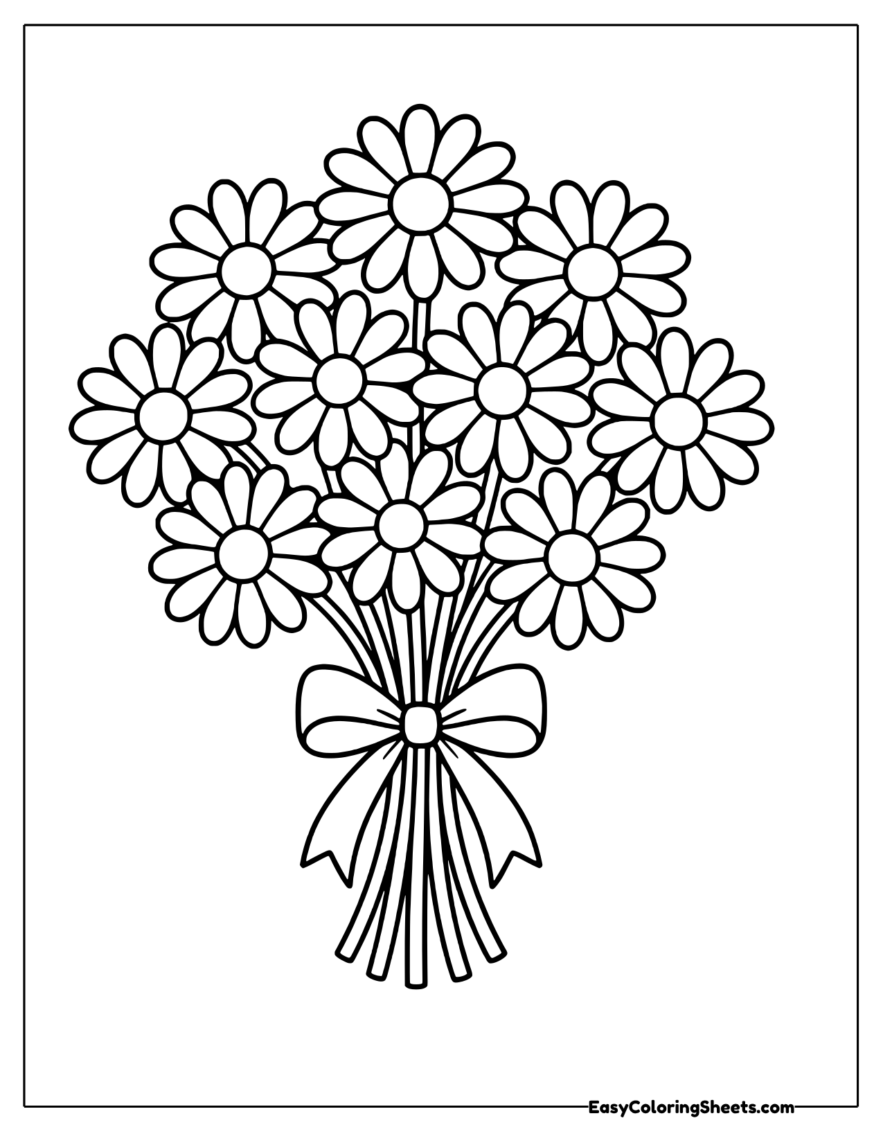 A tall bunch of daisies is tied together at the stems with a ribbon bow.