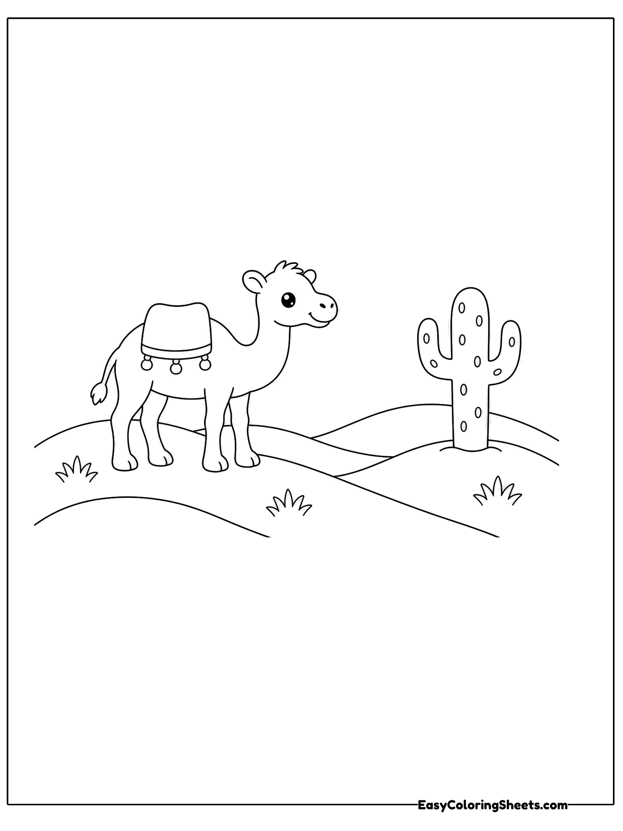 A camel wearing a blanket saddle walks across rolling desert dunes, with a cactus nearby.