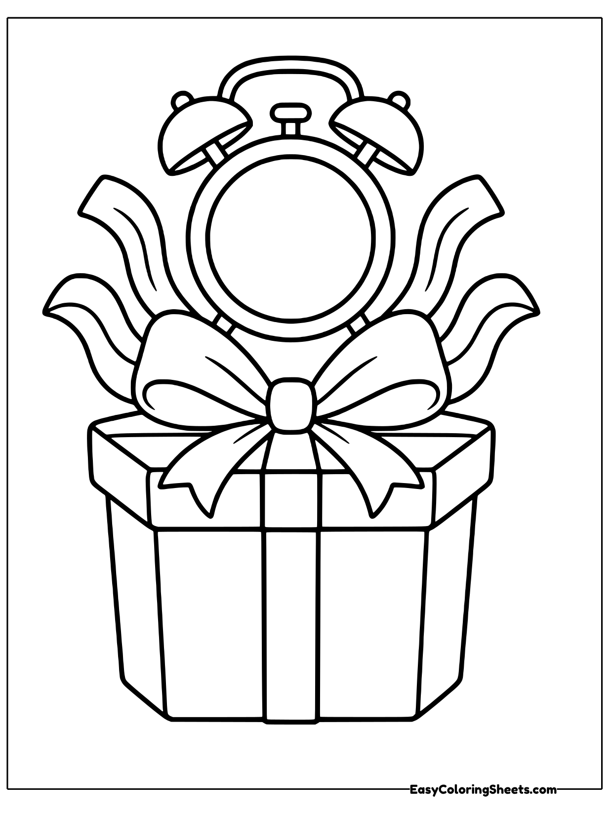 A round clock bursts out of an open gift box with paper ribbons flaring around it and a bow on the front.