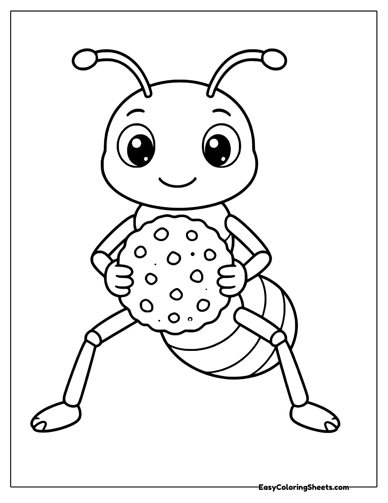 A big-eyed ant stands on its thin legs hugging a chocolate chip cookie almost as big as its body.