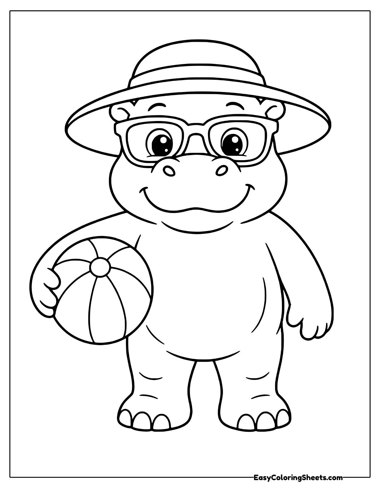 Hippo in a sun hat and sunglasses with a beach ball