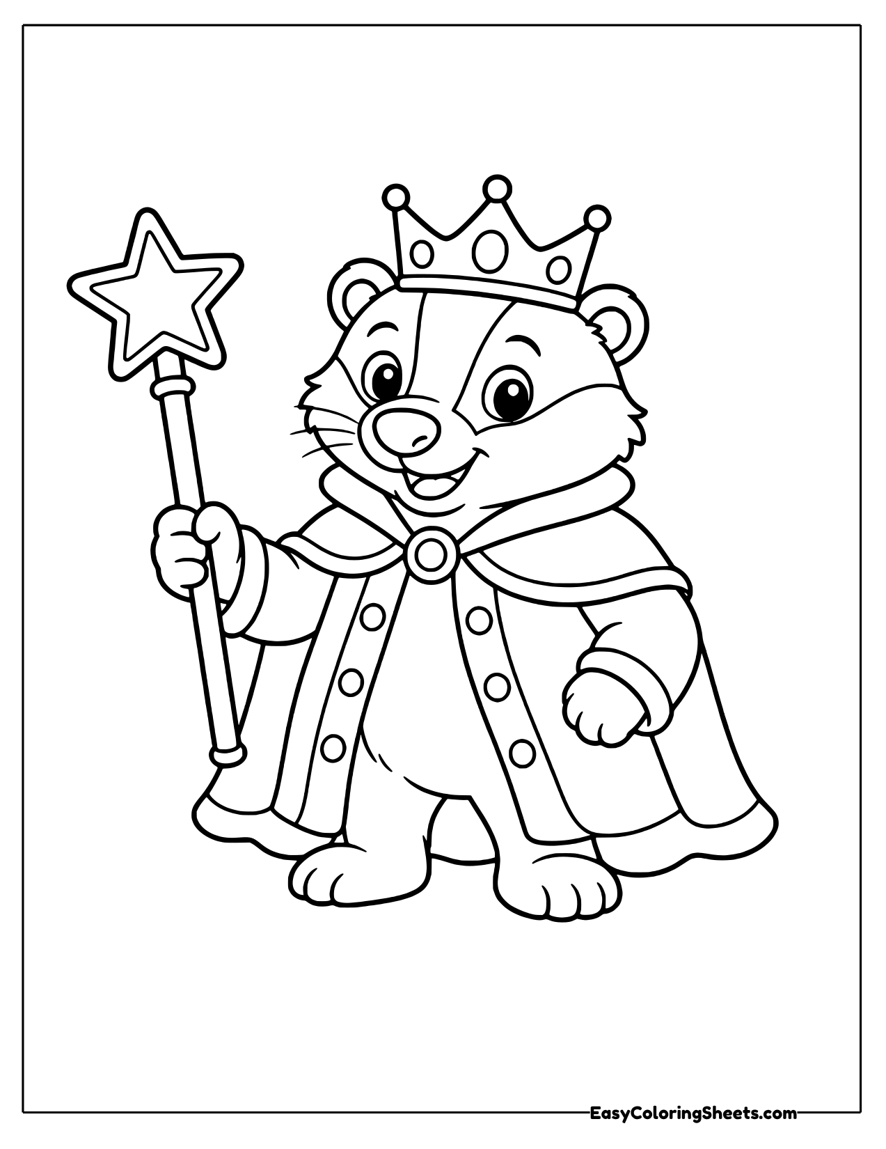 Badger king wearing a crown and royal robe holding a star scepter