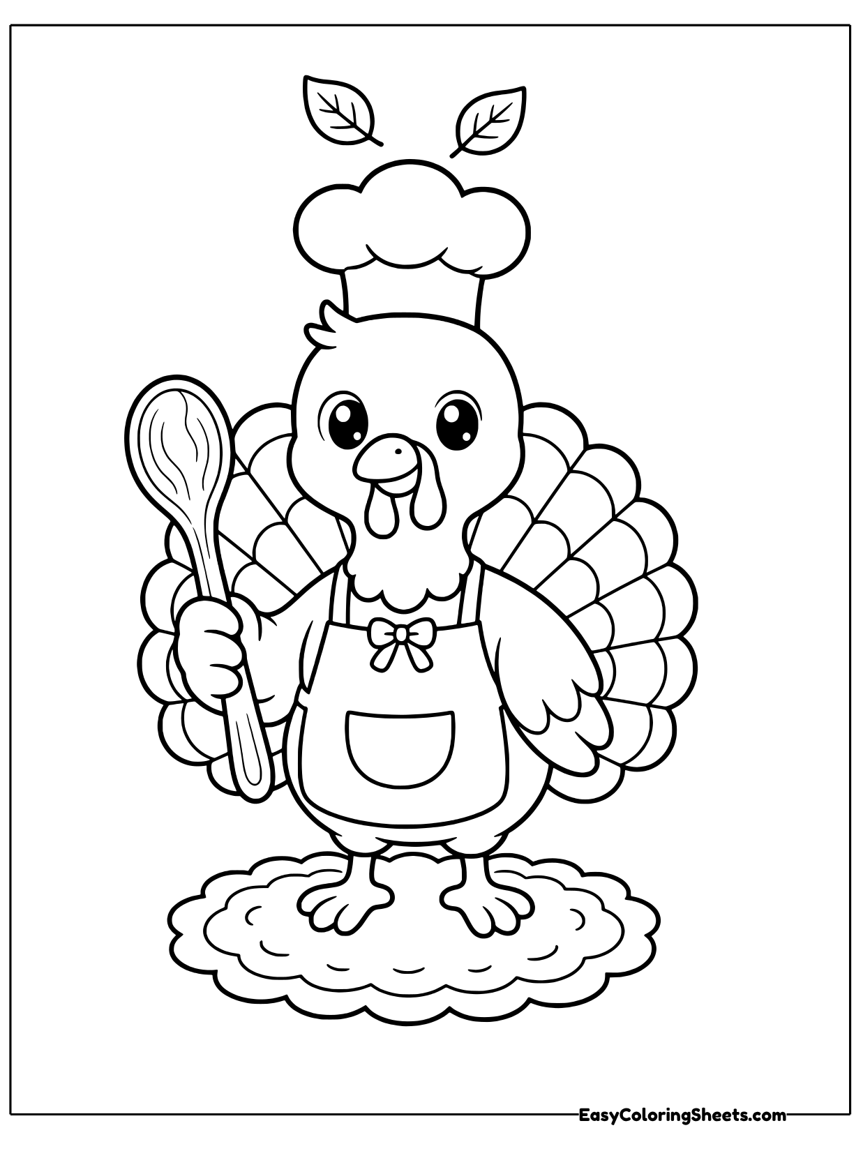 A cheerful turkey chef wears a tall puffy chef hat and an apron with a big front pocket and a little bow.