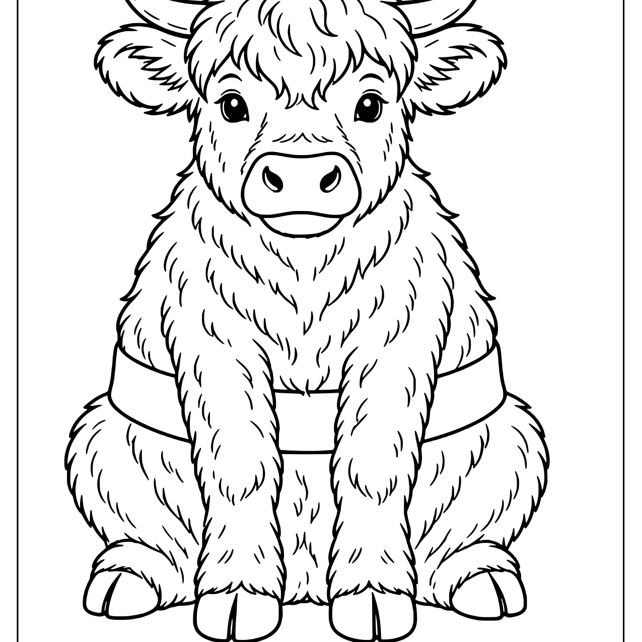 Shaggy Belted Galloway cow sitting with a wide band around its middle