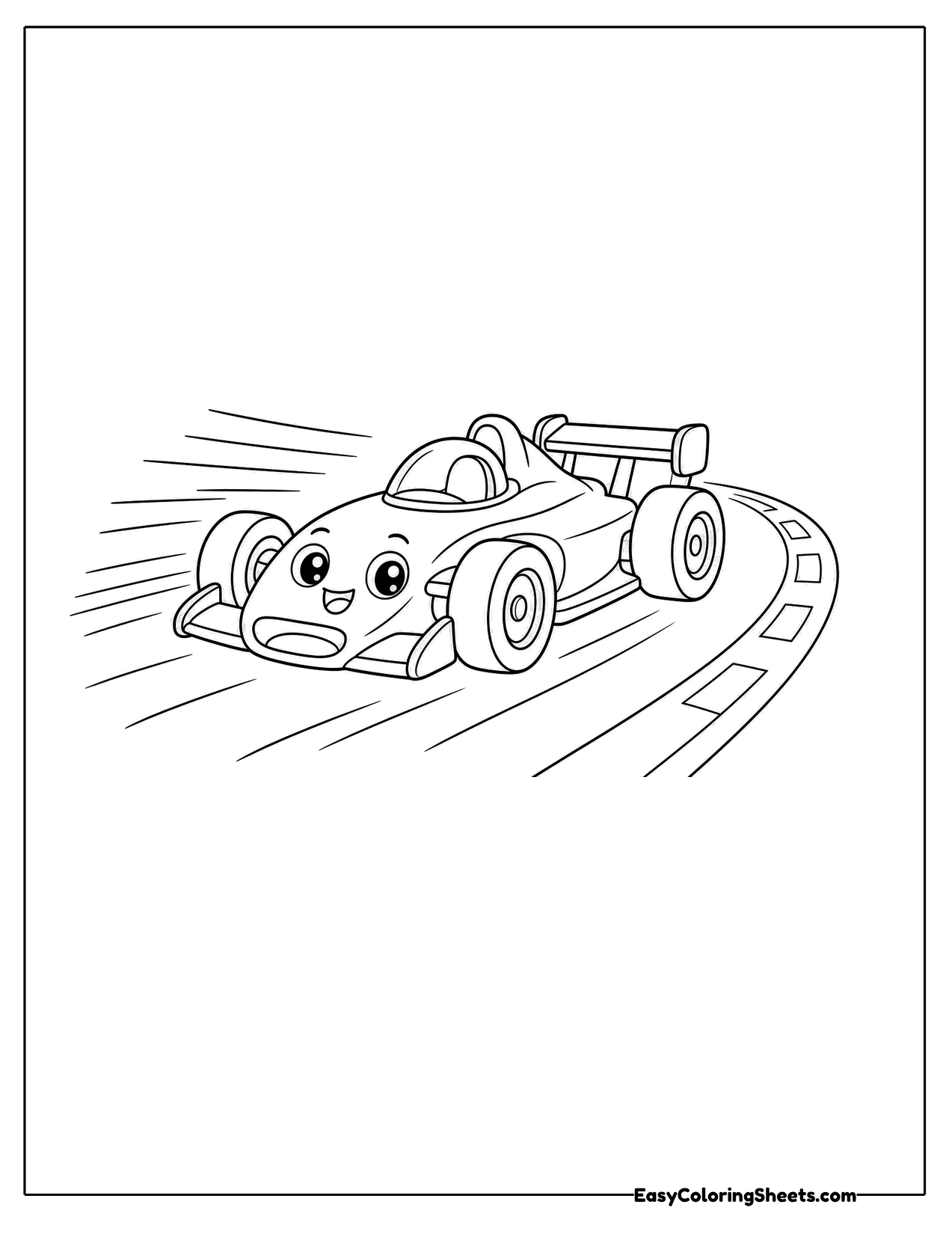 Cartoon race car with a happy face zooming around a track bend