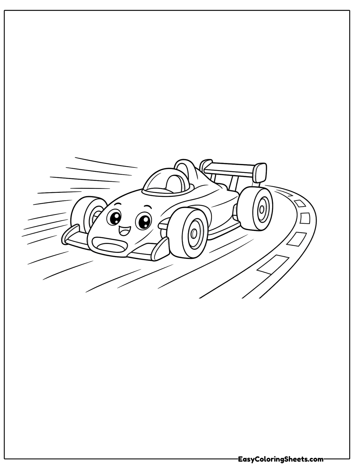 A cute race car with big eyes and a grin speeds around a curve on the racetrack.