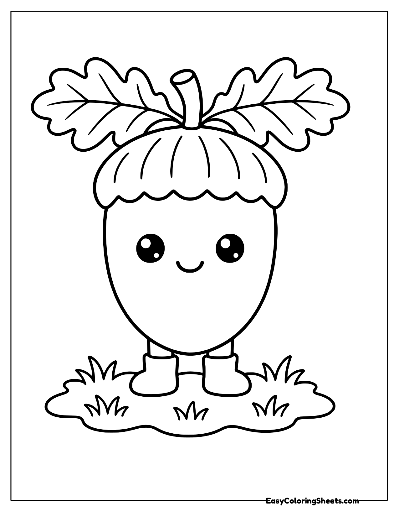 A cute acorn character with oak leaves on its head stands on two small legs in the grass.