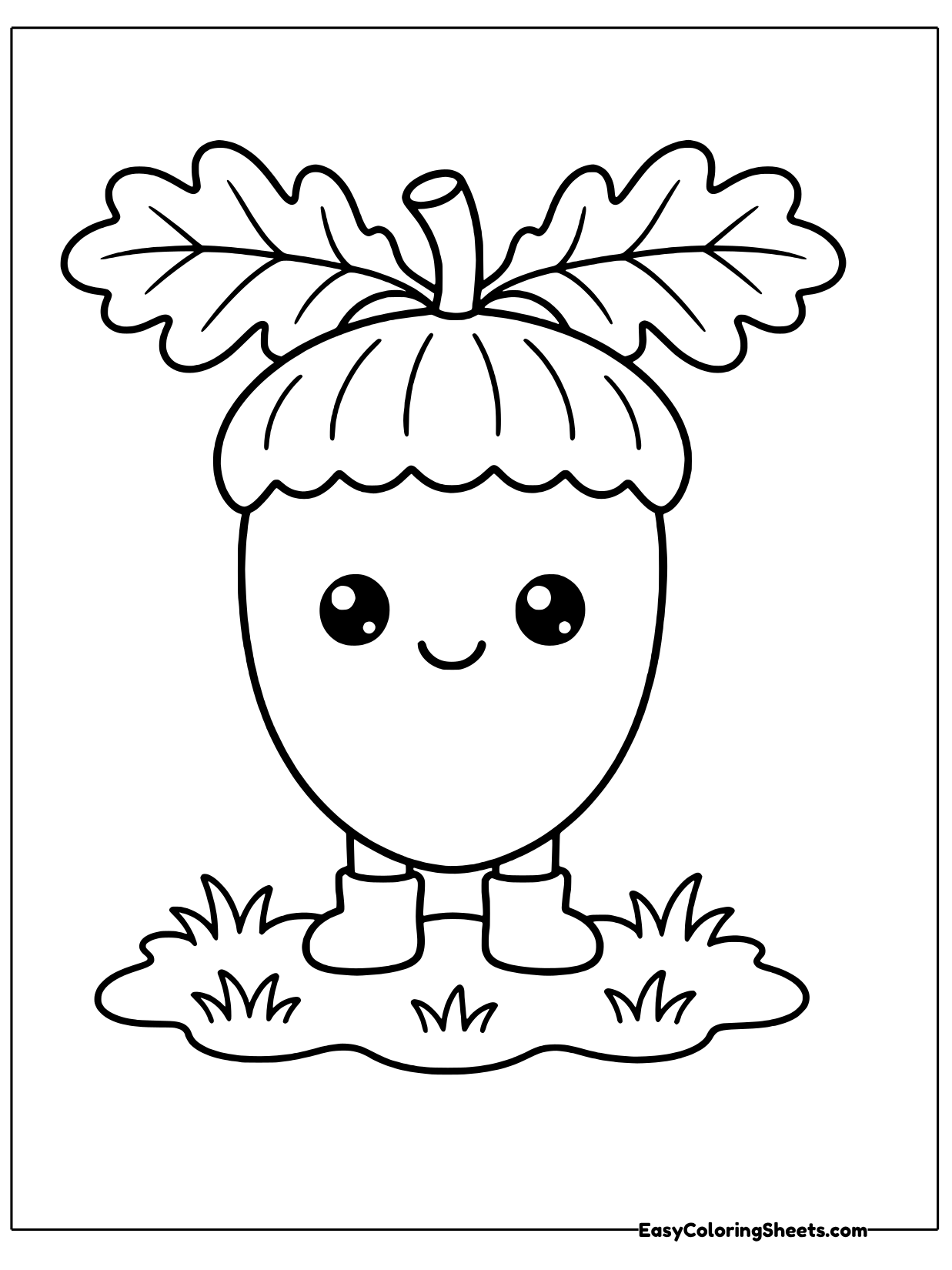 A cute acorn character with oak leaves on its head stands on two small legs in the grass.