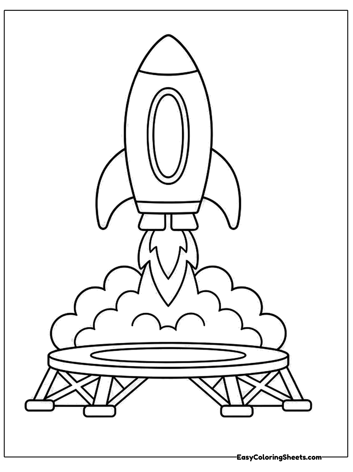A rocket lifts off from a launch pad with big puffy clouds of smoke below.
