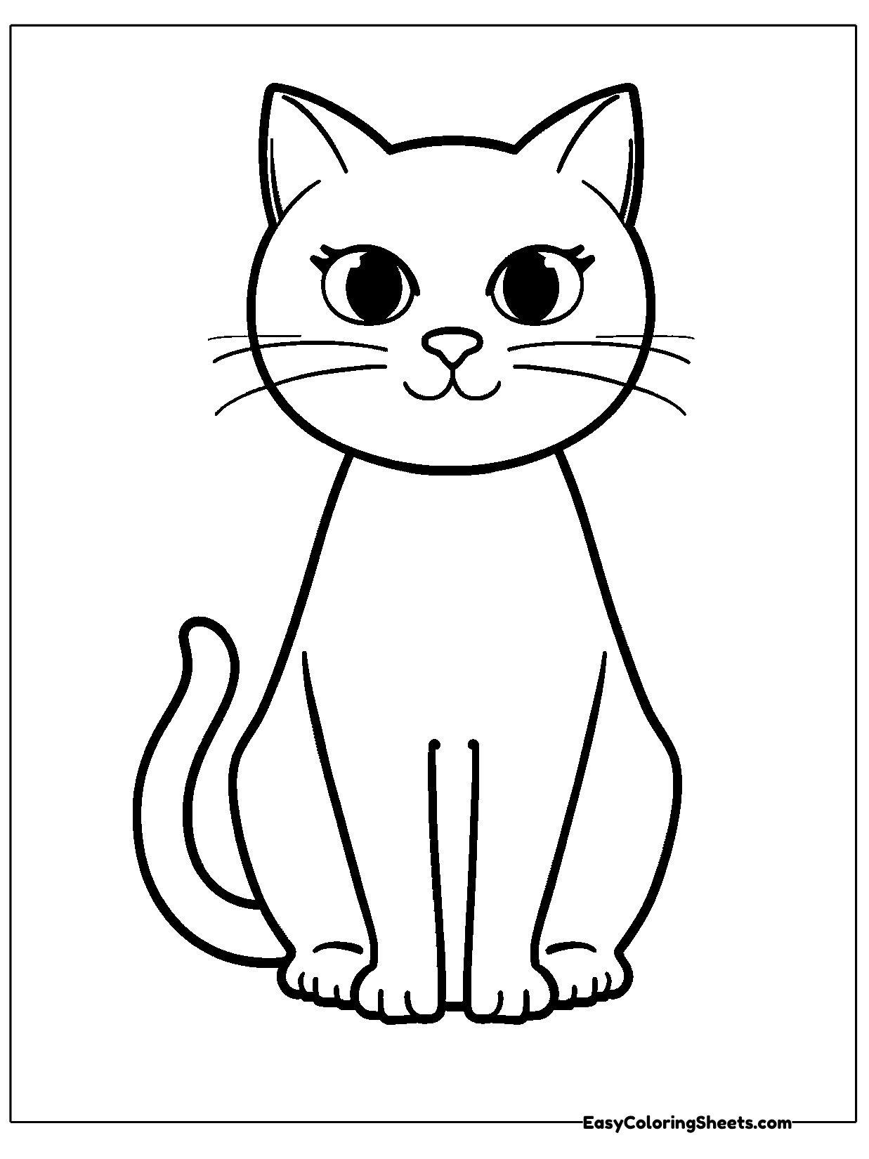 A tall cat sits upright with its front legs straight, its ears pointed and a calm expression with almond eyes.
