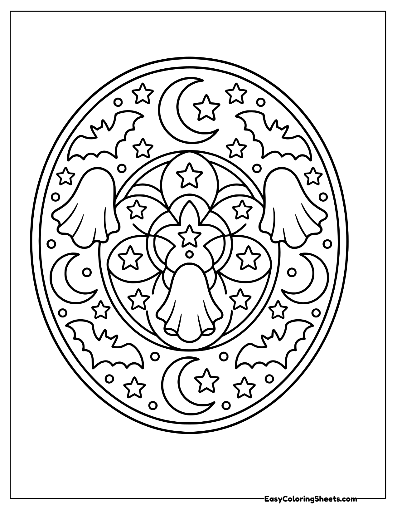 Night sky mandala with a moon, ghosts and stars
