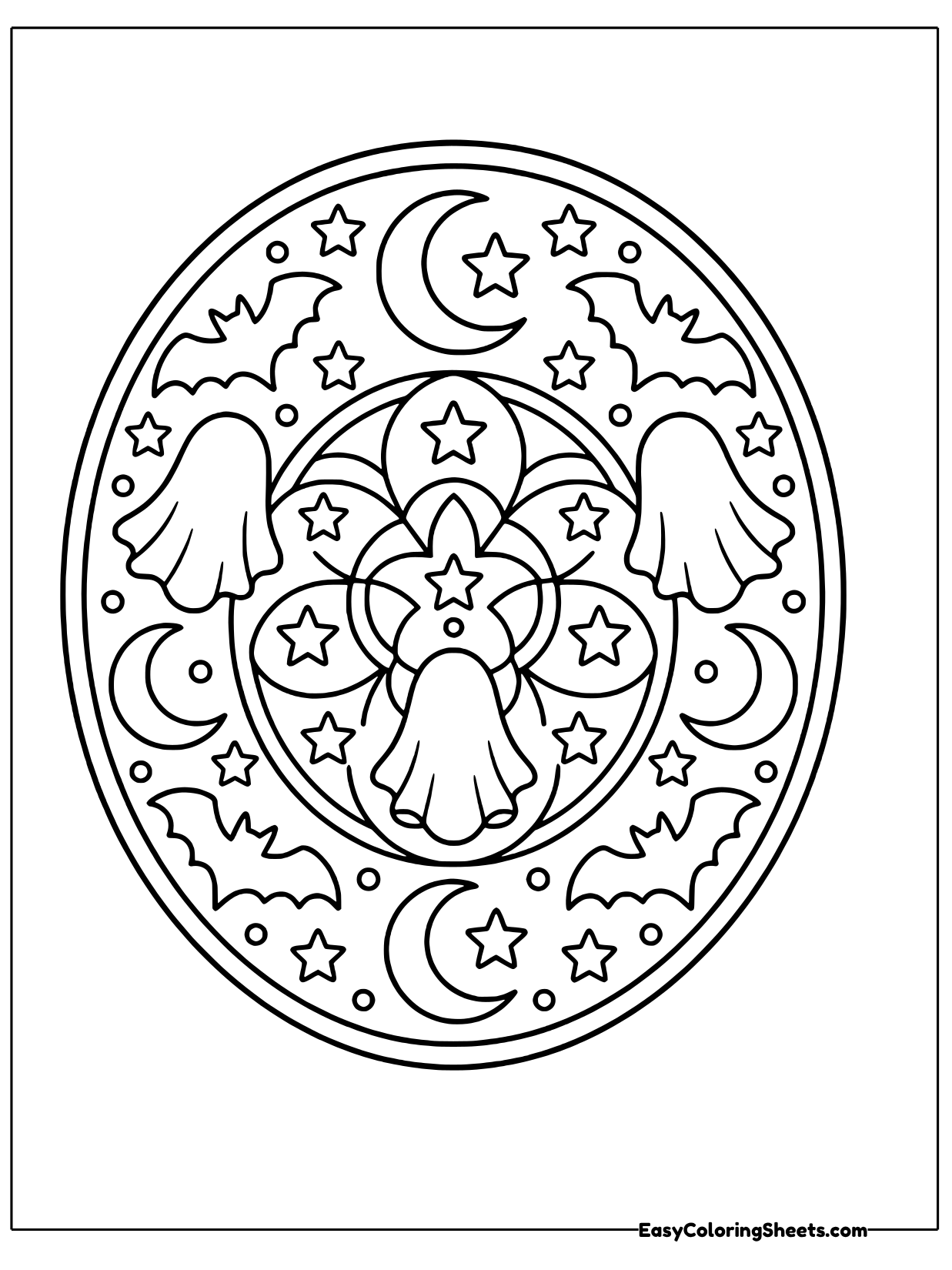 This night sky mandala centers on a smiling ghost with a crescent moon, surrounded by stars.