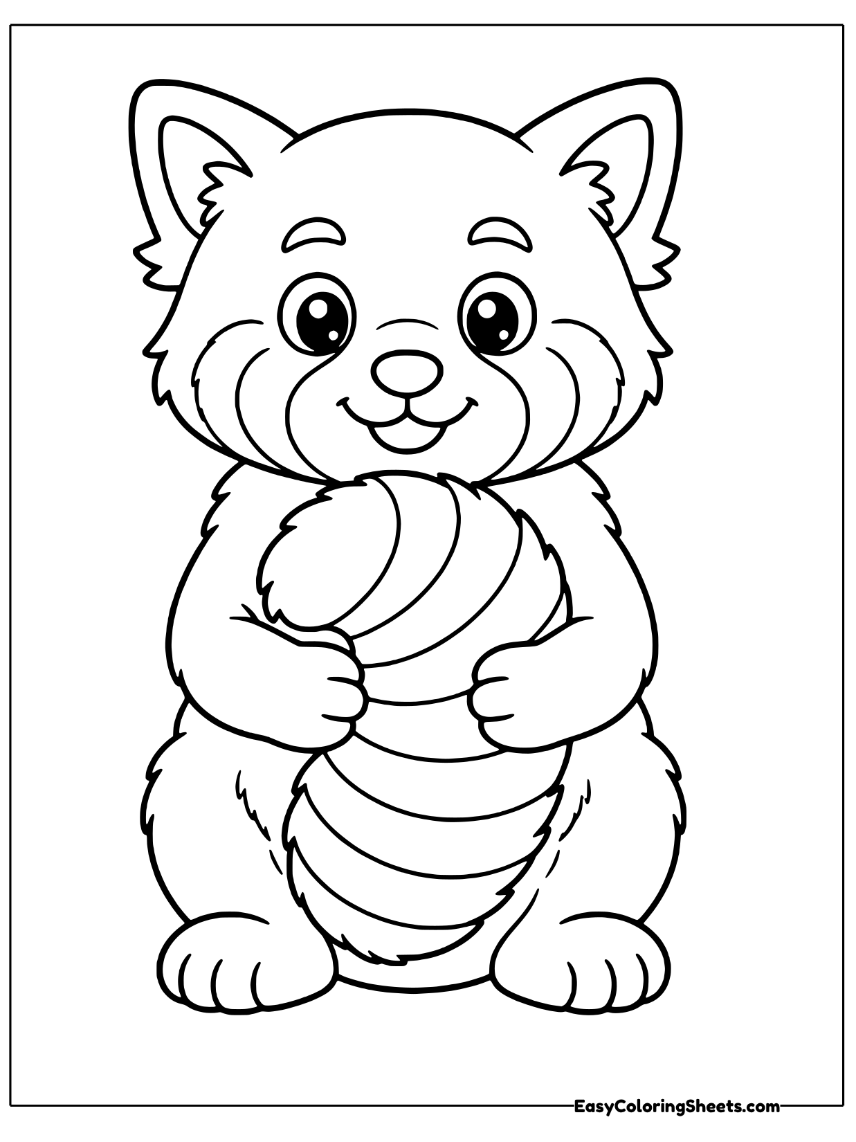 A round, fluffy red panda sits facing forward and hugs its own big striped tail against its tummy like a cozy pillow.