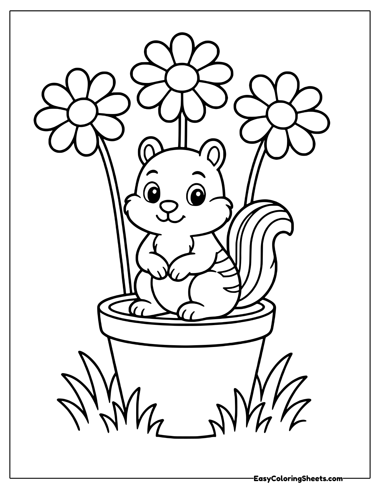 Chipmunk in a flower pot under tall daisies