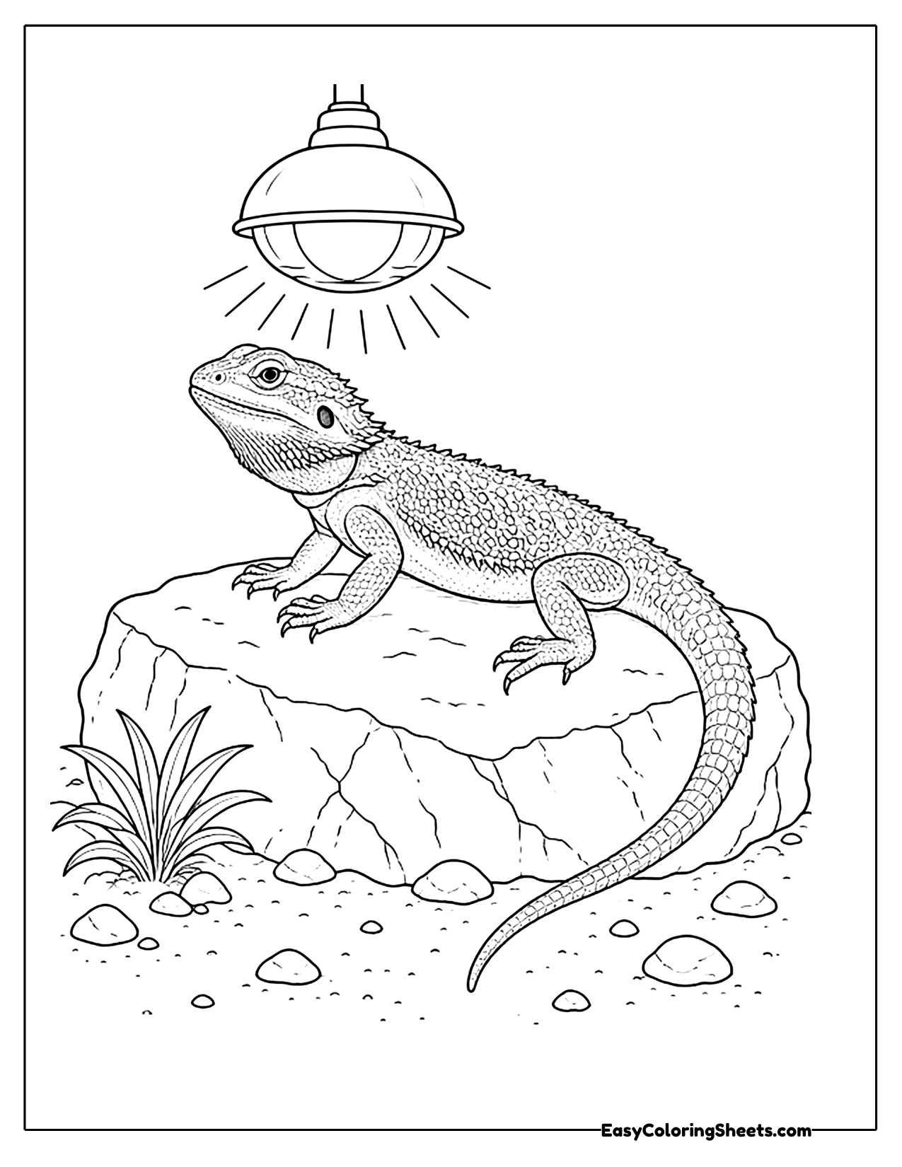 Bearded dragon basking under a heat lamp