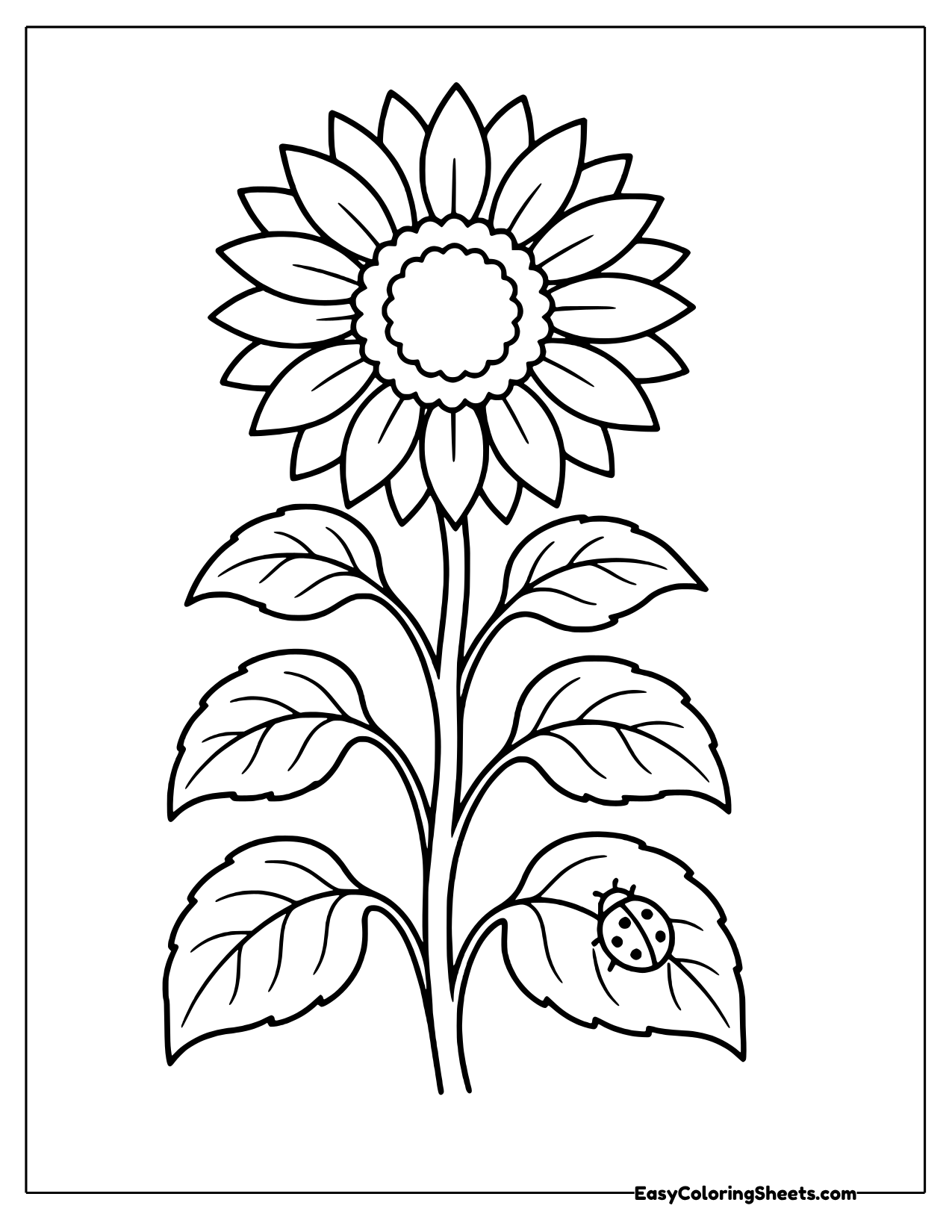A tall sunflower has a small ladybug resting on one of its large leaves.