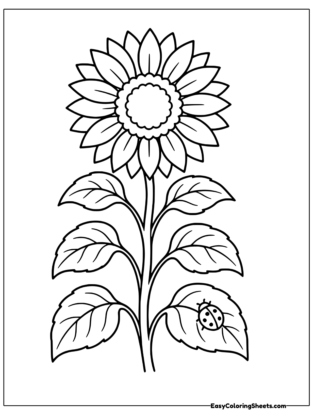 A tall sunflower has a small ladybug resting on one of its large leaves.