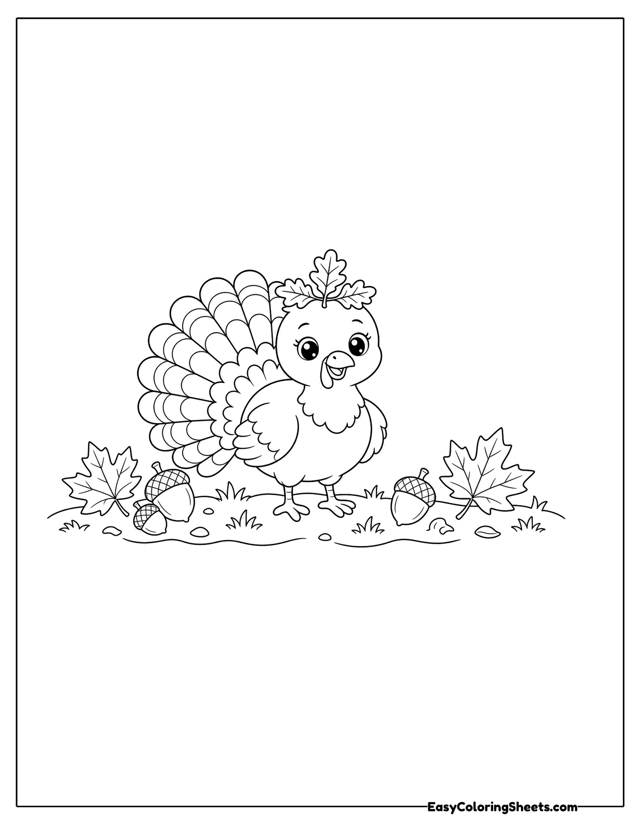 Small turkey wearing a flower crown in a scene with autumn leaves and acorns