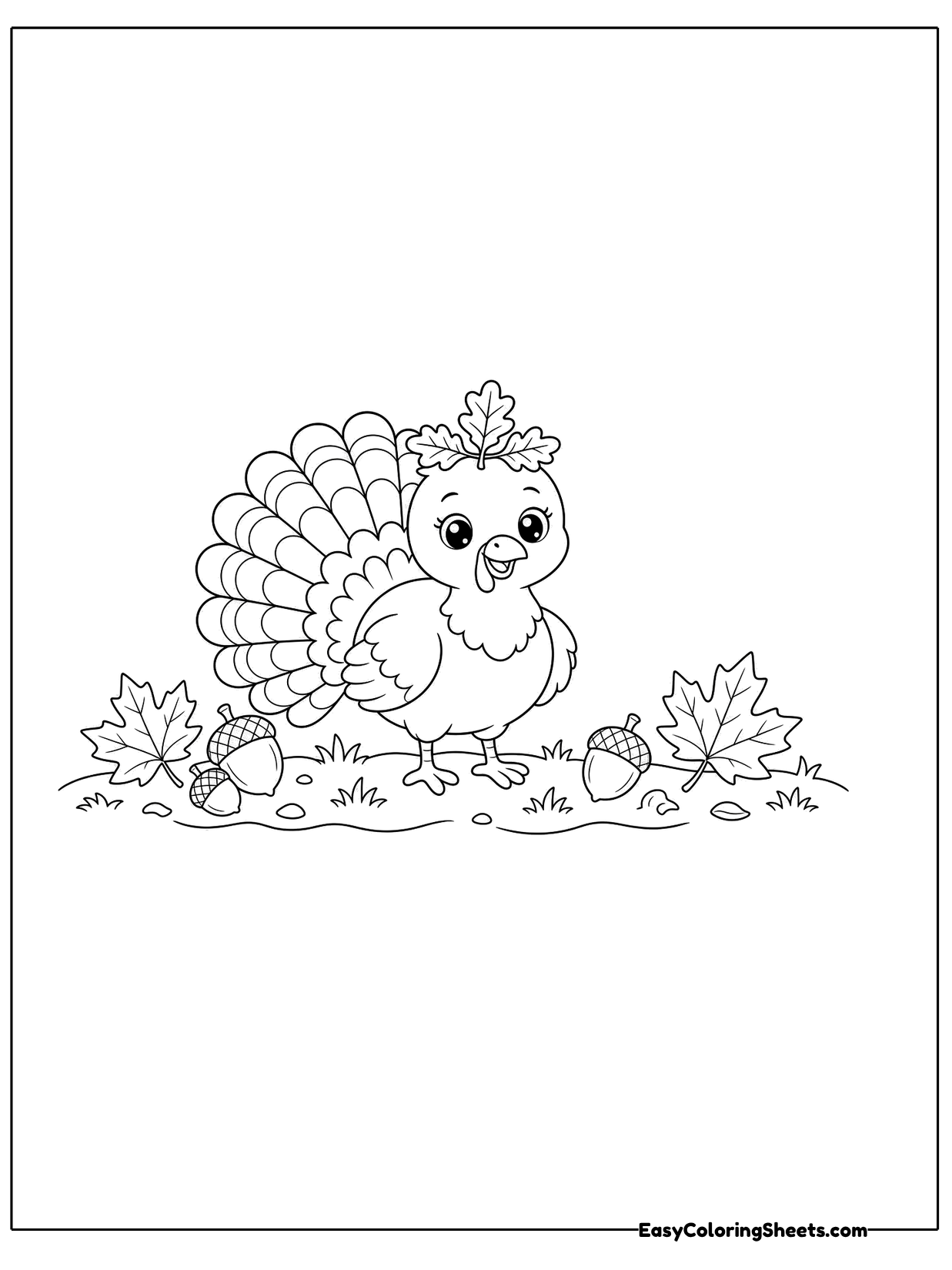 A small turkey wearing a little flower crown stands in a grassy patch scattered with autumn leaves, acorns and mushrooms.