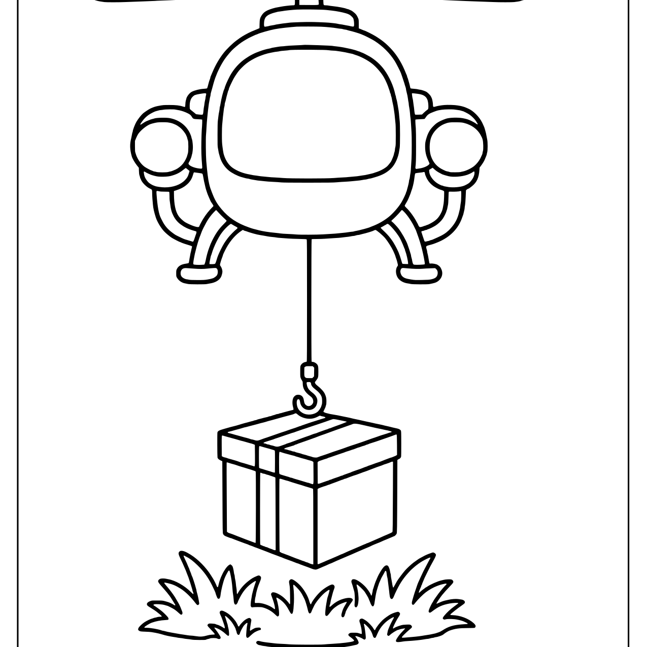 Helicopter lowering a taped parcel box on a hook toward a patch of grass