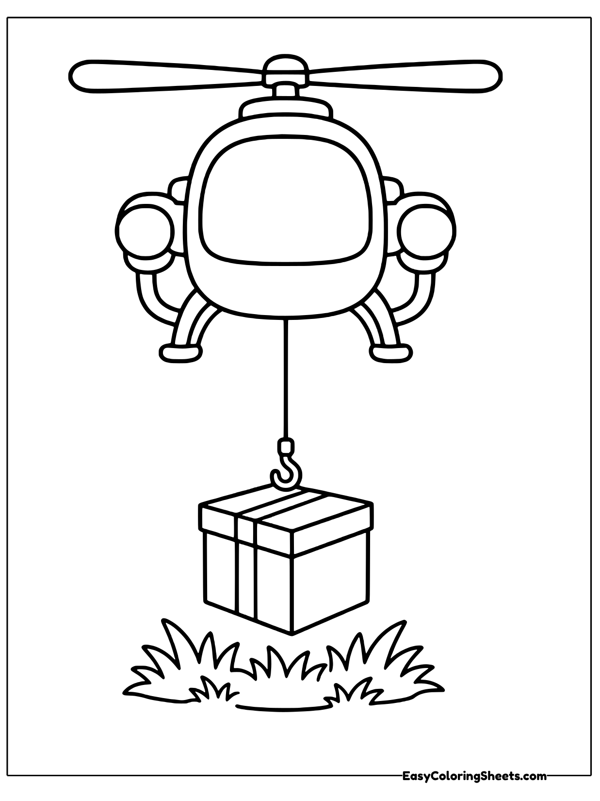 A delivery helicopter hovers with its rotor spread wide and lowers a parcel on a long line with a hook.