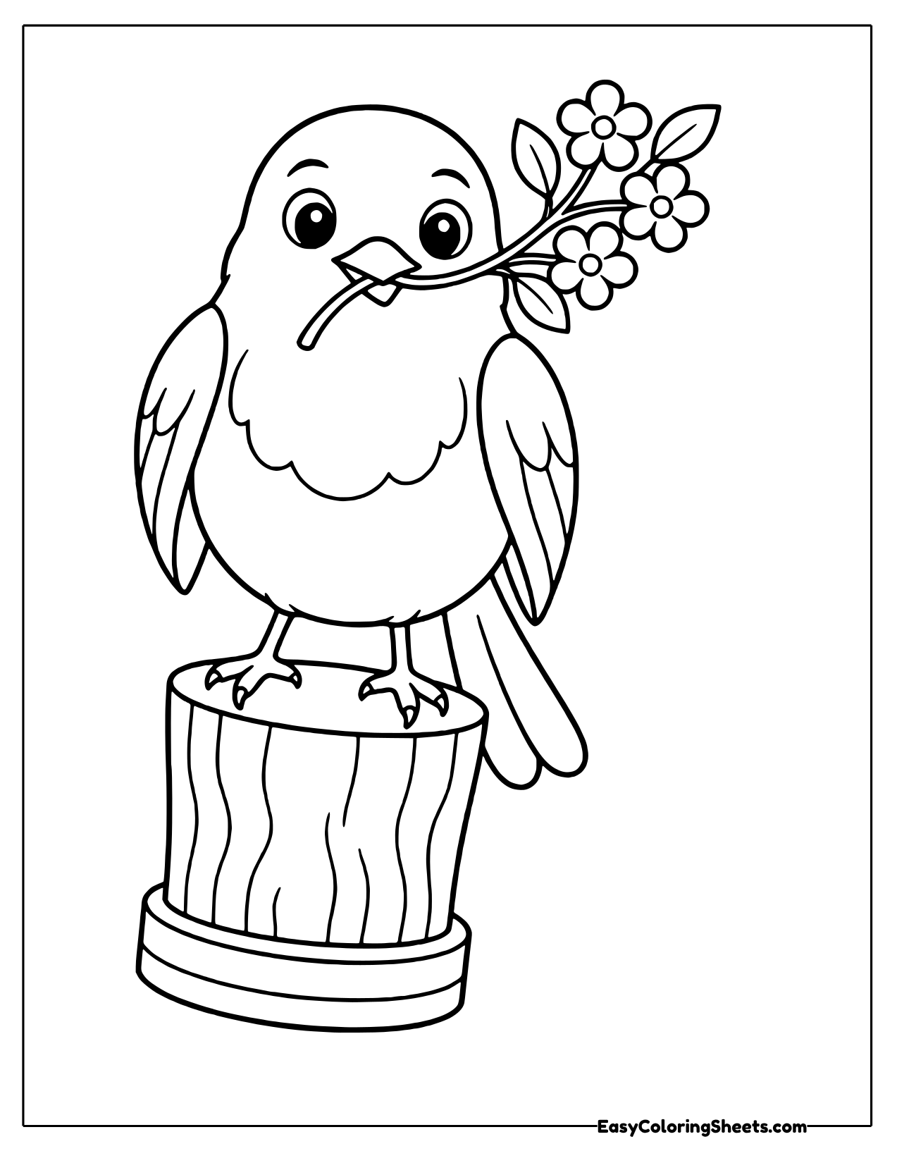 Robin perched on a tree stump holding a blossom sprig in its beak