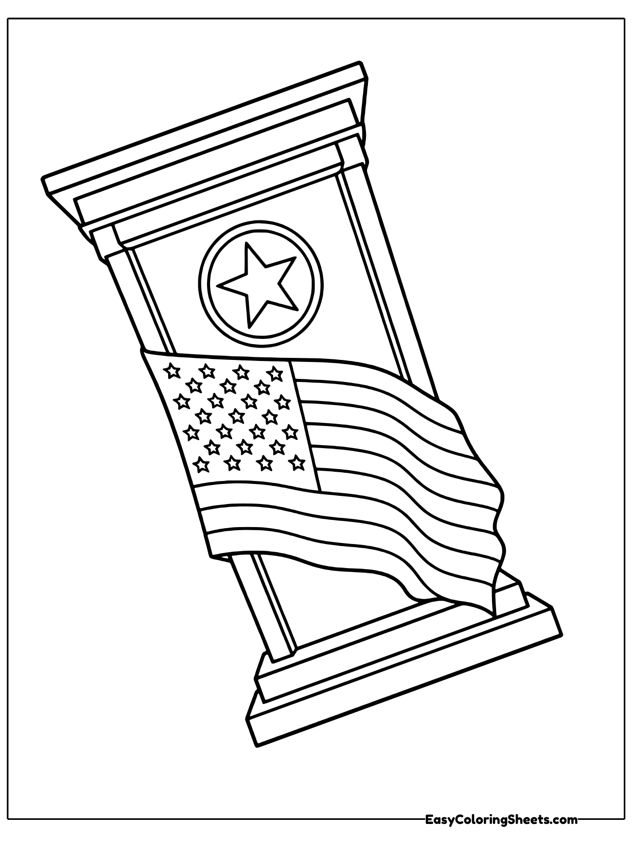 A speaker's podium stands ready for a big speech, with a star medallion on its front panel and an American flag draped.