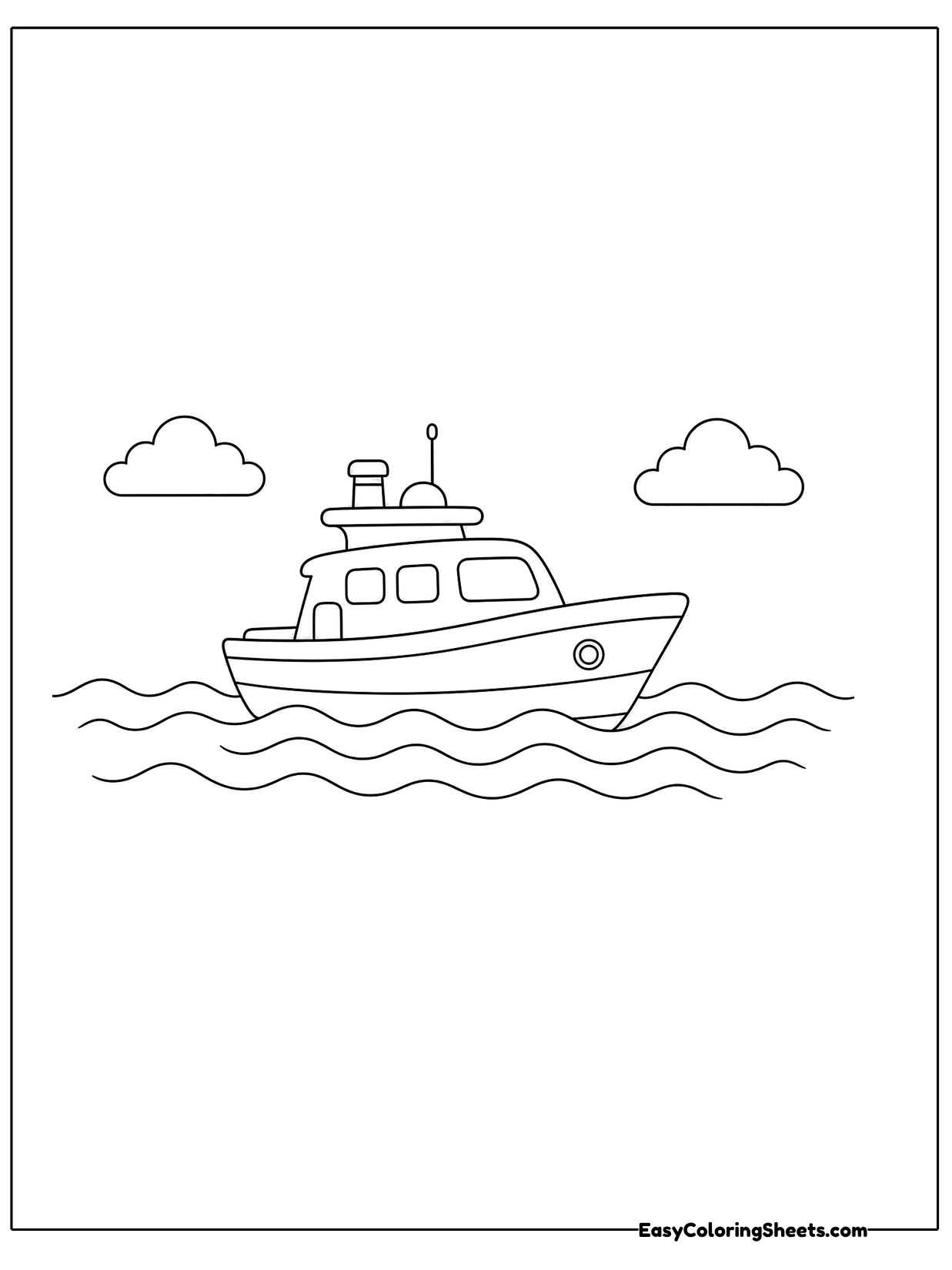 A small motor yacht floats on rippling water with two fluffy clouds drifting overhead.