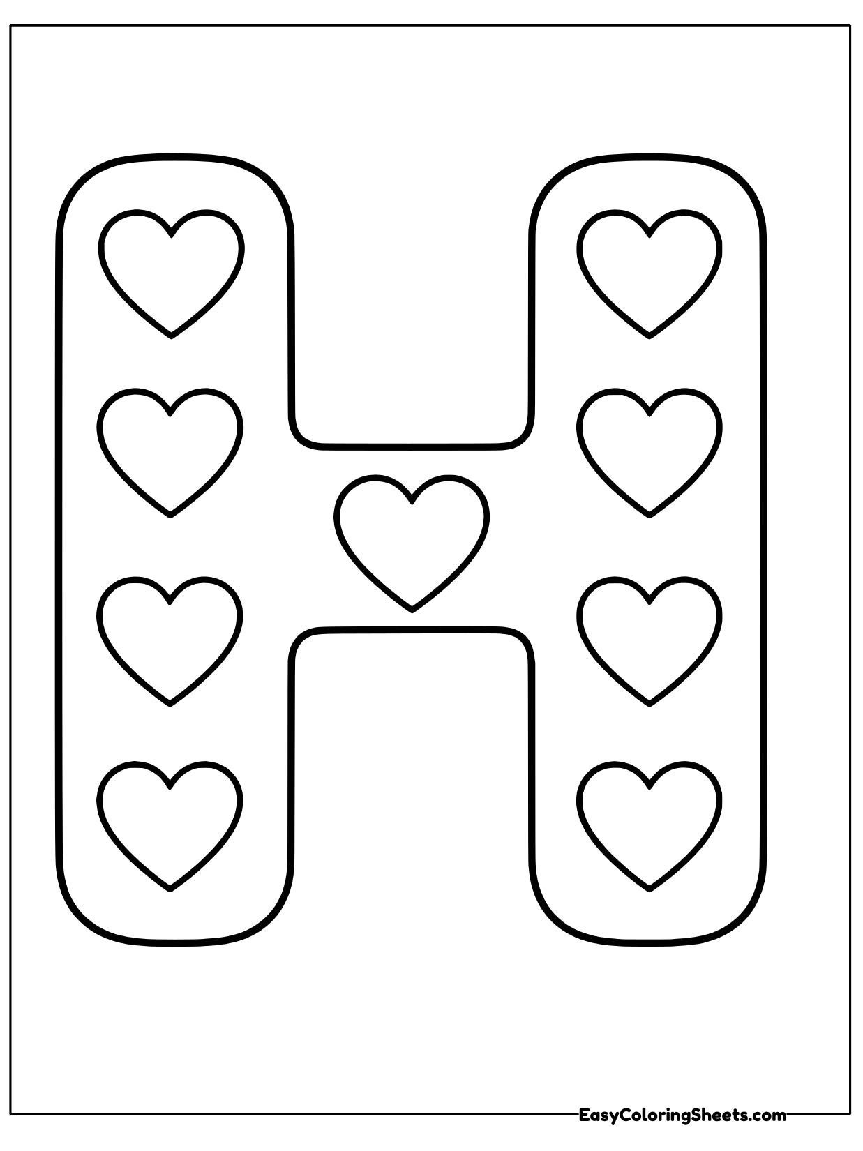 A big bubble letter H is filled with rows of hearts.