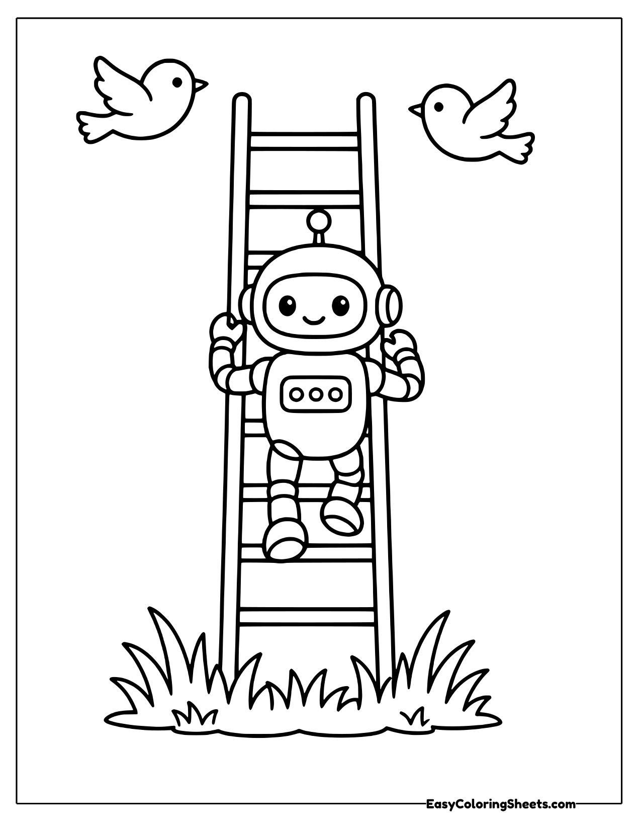 Robot climbing a ladder with birds