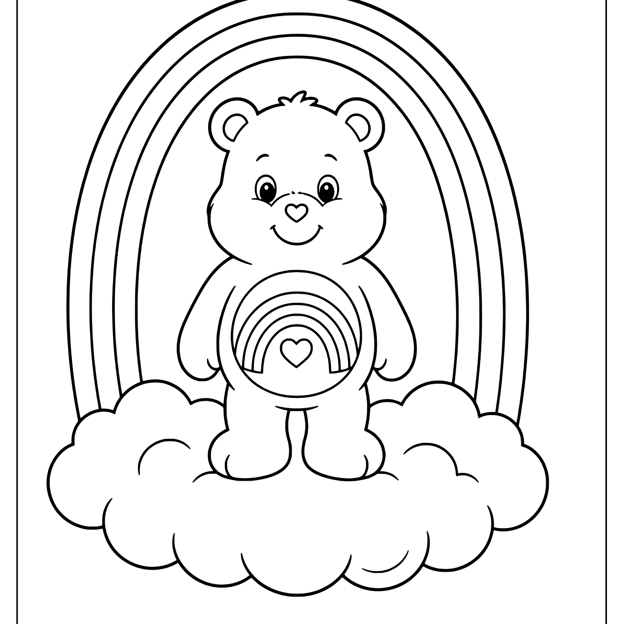 Care Bear standing on a puffy cloud under a big rainbow arch with a rainbow and heart belly badge