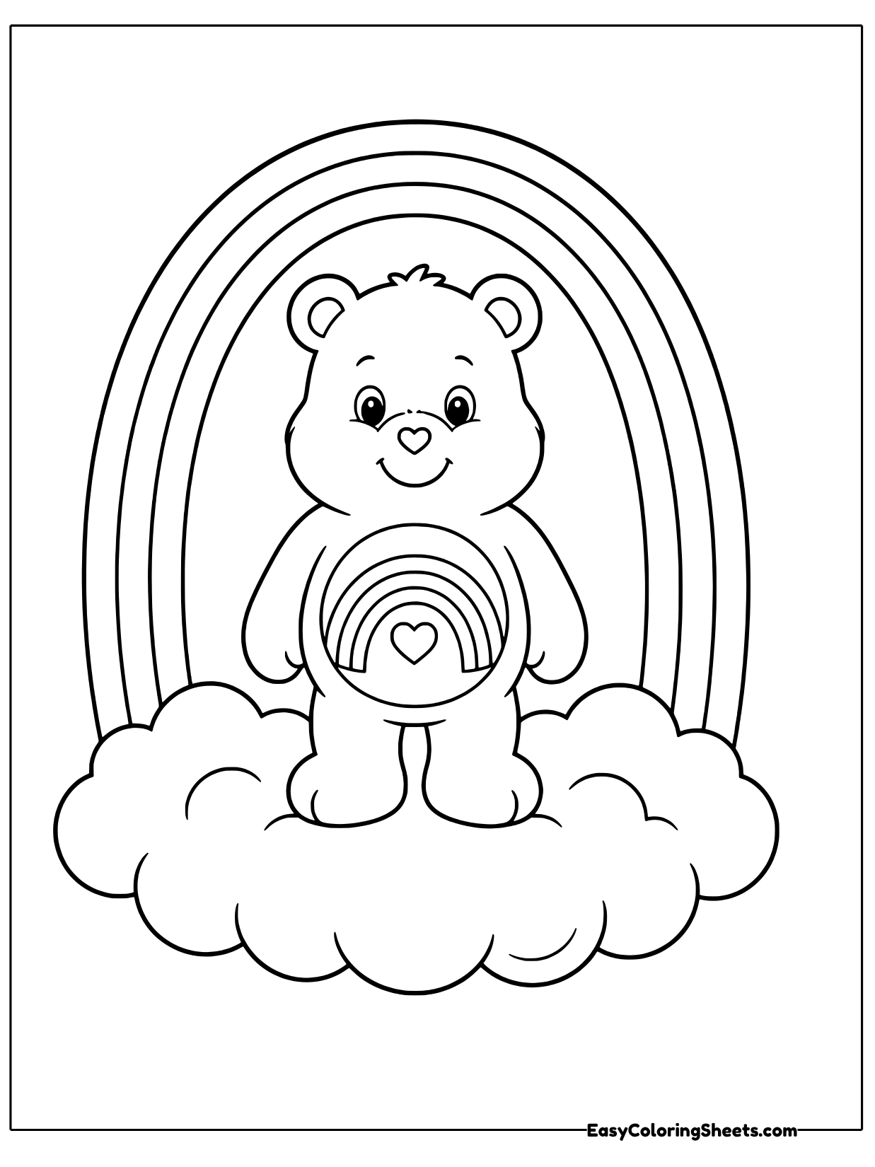 A Care Bear stands on a fluffy cloud with a giant rainbow arching overhead in this dreamy coloring page.