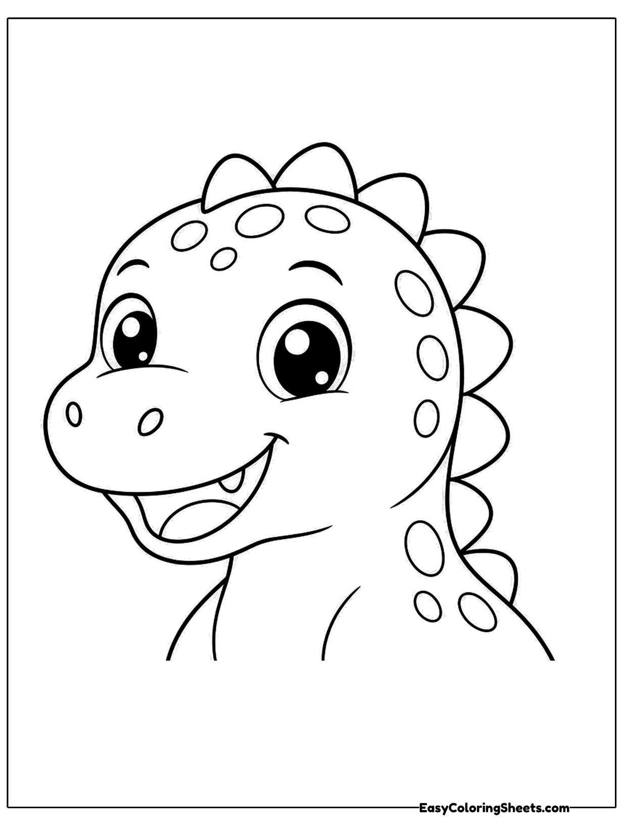 A close-up of a smiling dinosaur with big eyes, round spots and back spikes fills the page.