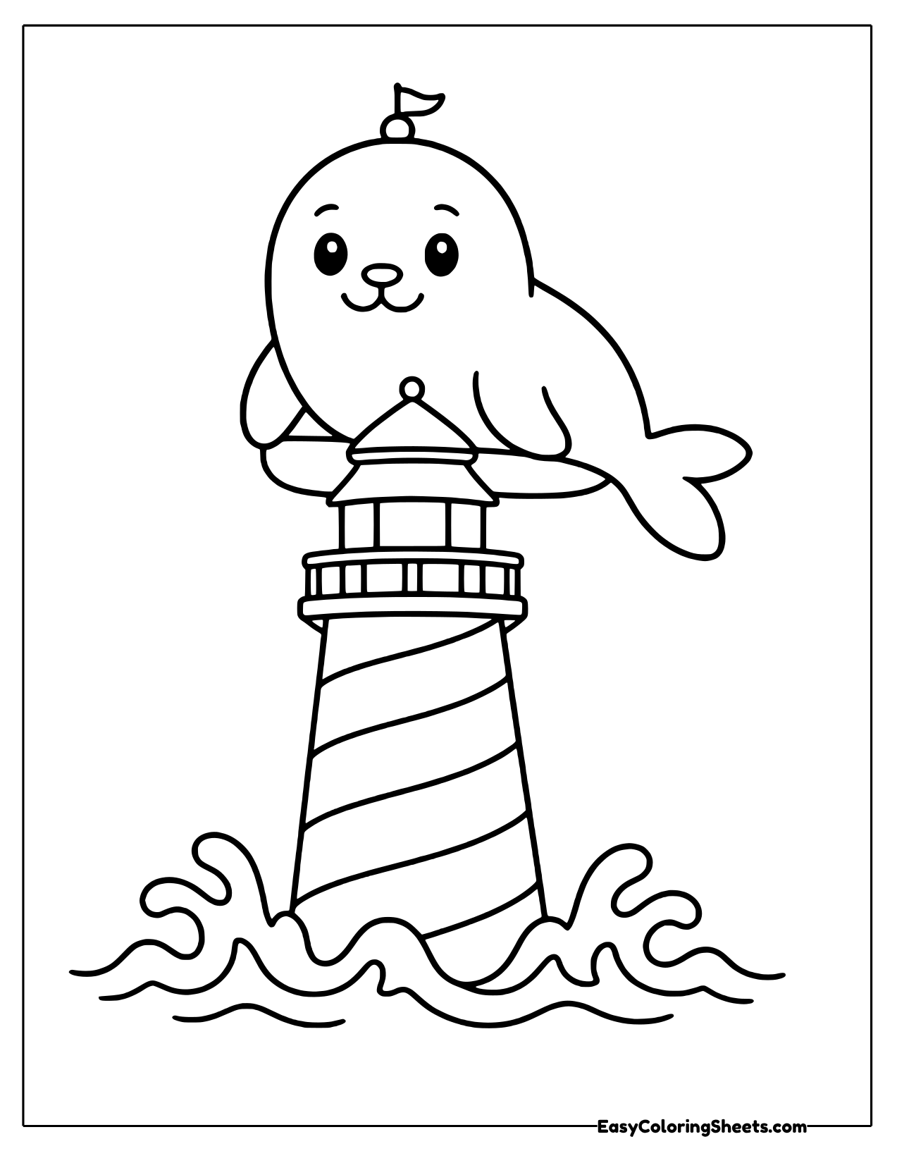 Seal resting on top of a striped lighthouse