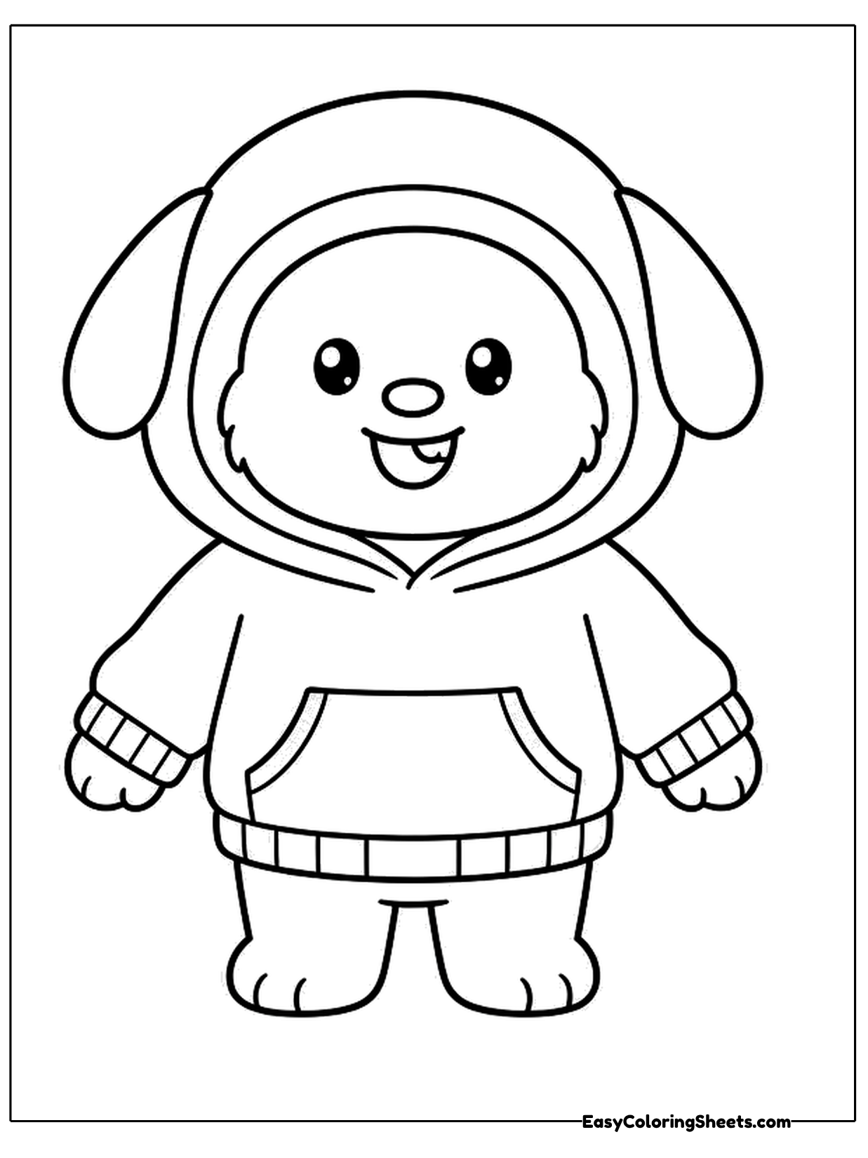 A cute puppy character with long floppy ears wears a cozy hoodie with a front pocket and stands with its arms at its sides.