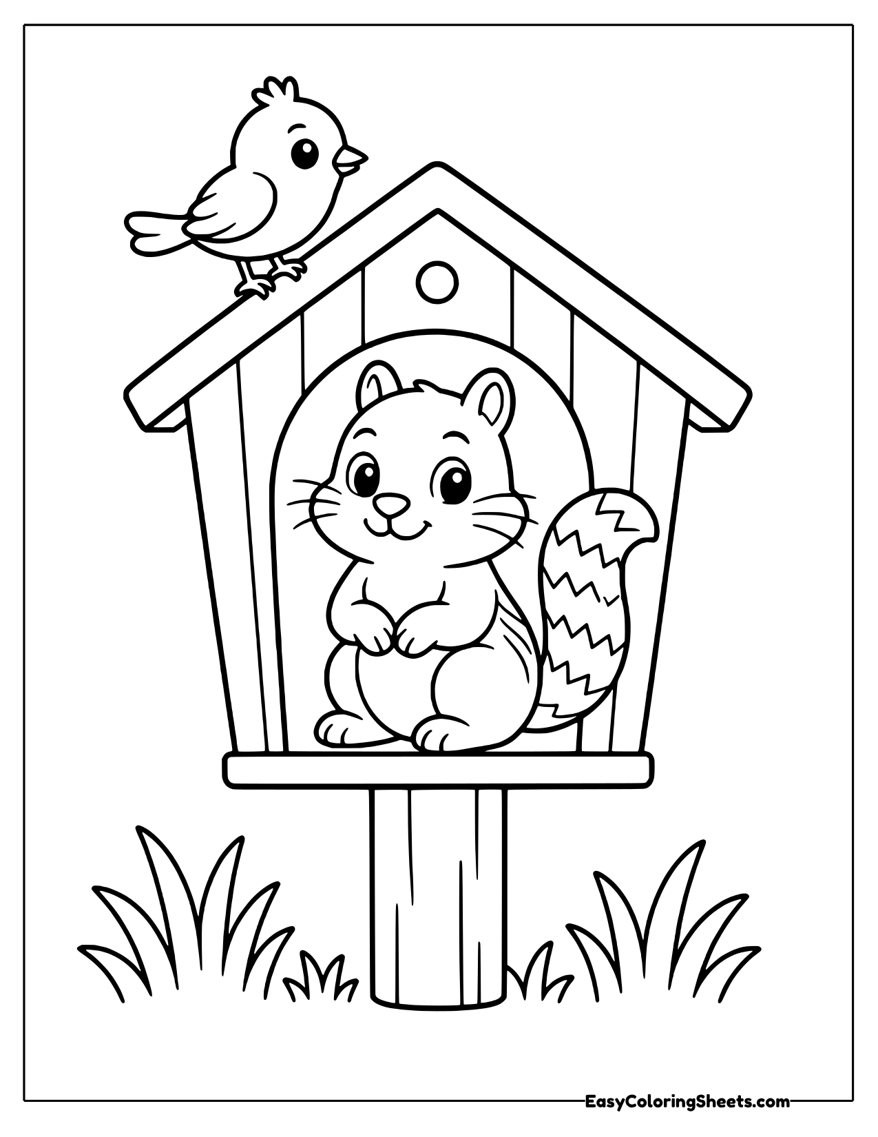Chipmunk inside a birdhouse with a bird on top